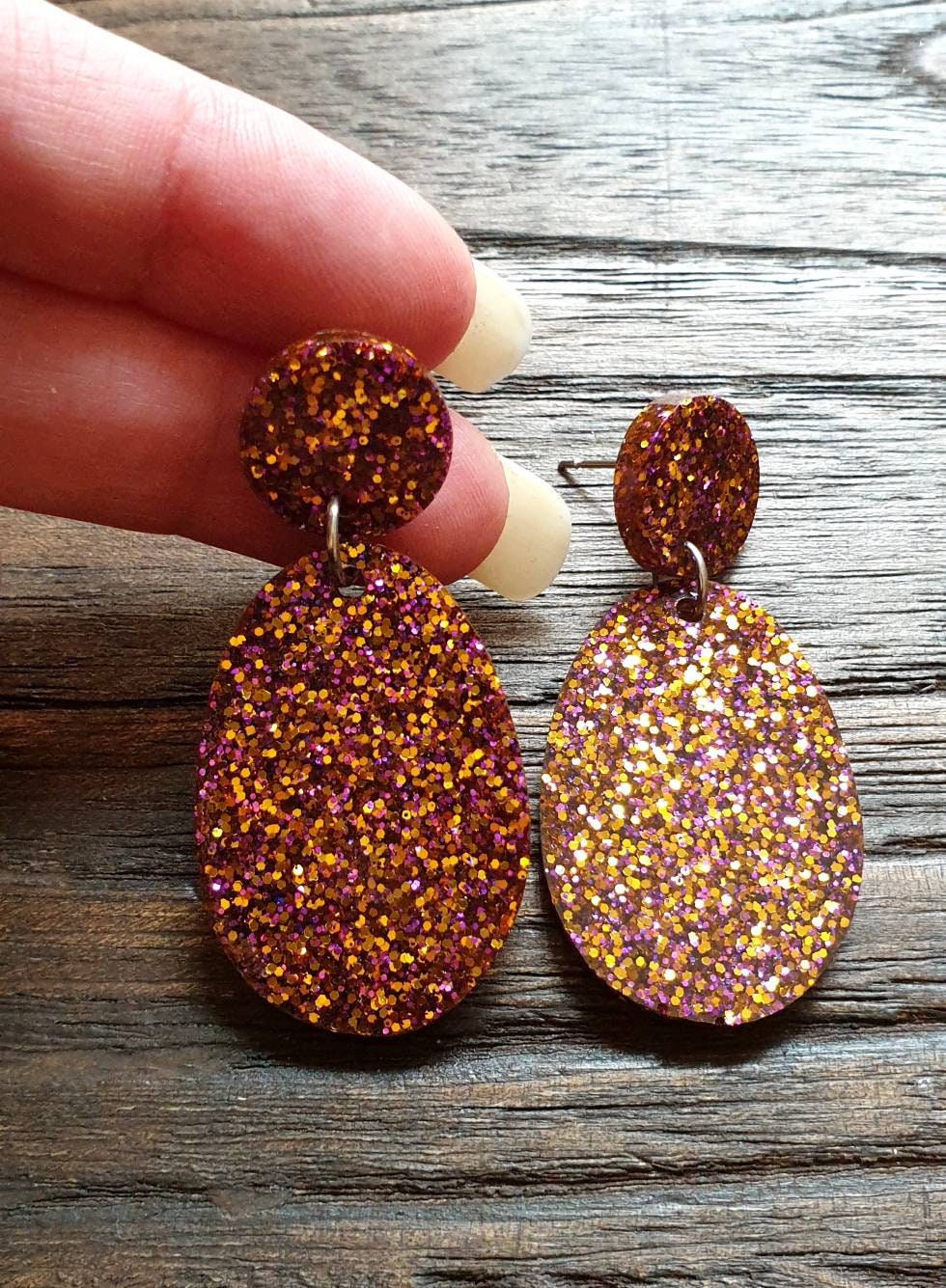 Statement Oval Long Resin Earrings, Purple Gold Glitter Resin Earrings, Stainless Steel Earrings, Bridesmaid Earrings, Bride Earrings