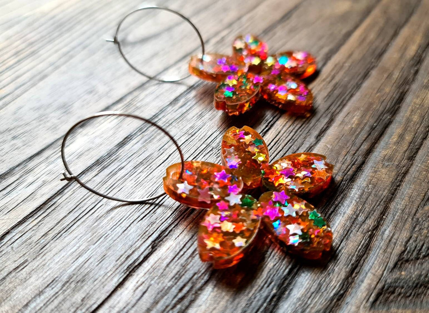 Large Blossom Flower Resin Earrings, Hoop Flower Earrings, Rainbow Stars Mix Glitter Resin Flower Earrings, Stainless Steel Earrings