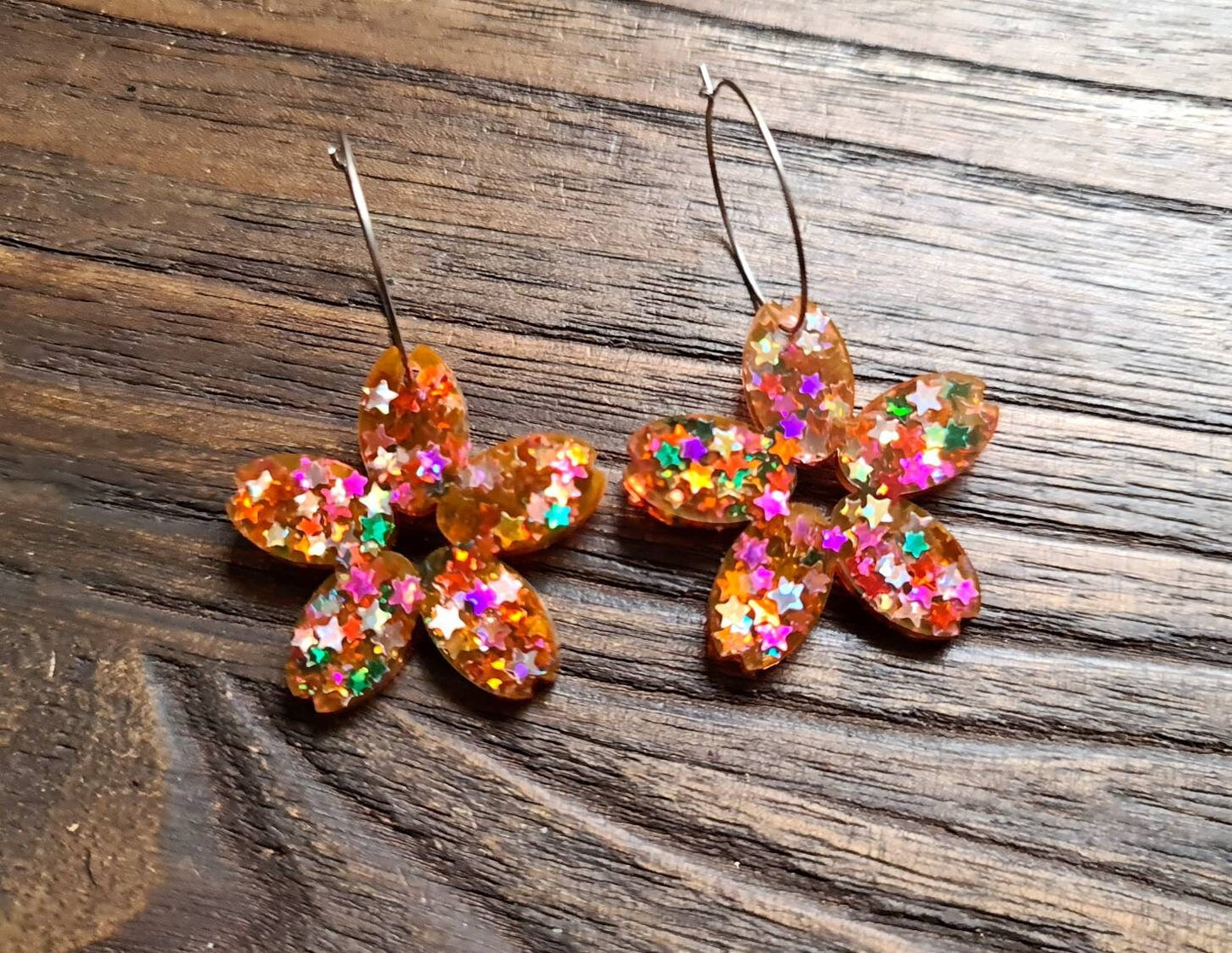 Large Blossom Flower Resin Earrings, Hoop Flower Earrings, Rainbow Stars Mix Glitter Resin Flower Earrings, Stainless Steel Earrings