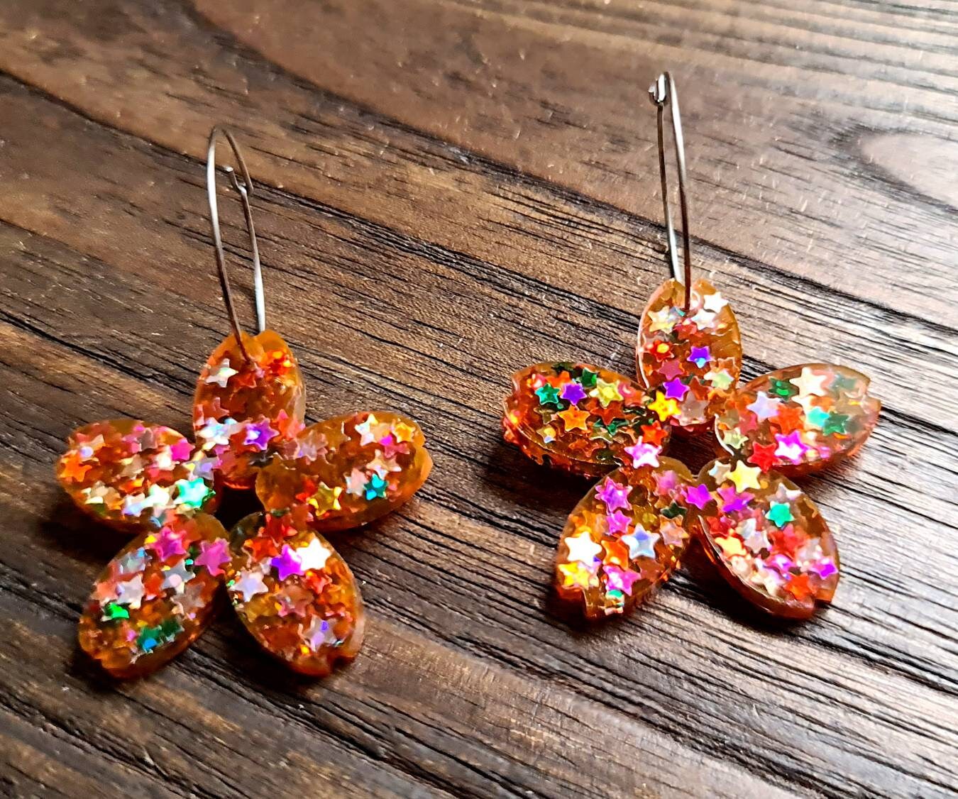 Large Blossom Flower Resin Earrings, Hoop Flower Earrings, Rainbow Stars Mix Glitter Resin Flower Earrings, Stainless Steel Earrings