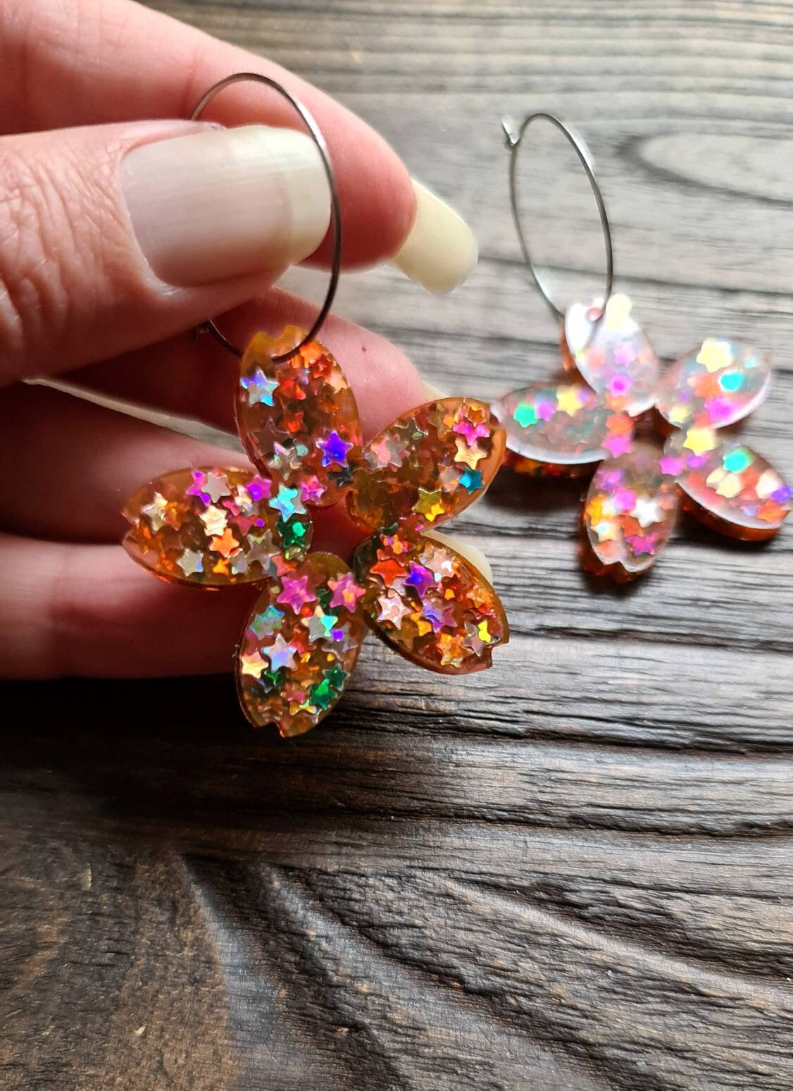 Large Blossom Flower Resin Earrings, Hoop Flower Earrings, Rainbow Stars Mix Glitter Resin Flower Earrings, Stainless Steel Earrings
