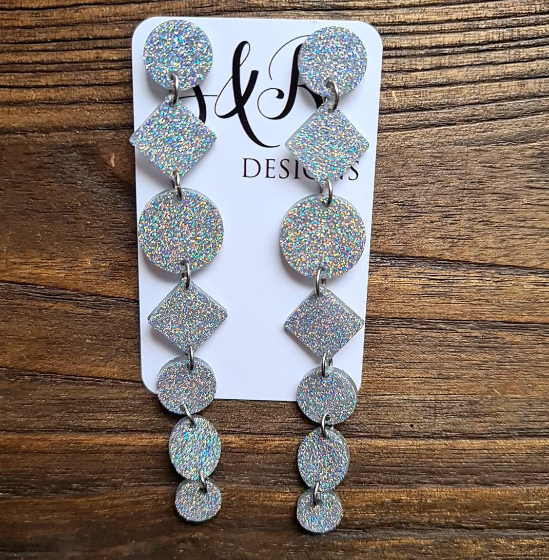 Silver Holographic Glitter Extra Super Long Circle Diamond Dangle Statement Shoulder Duster Earrings 12.5cm long