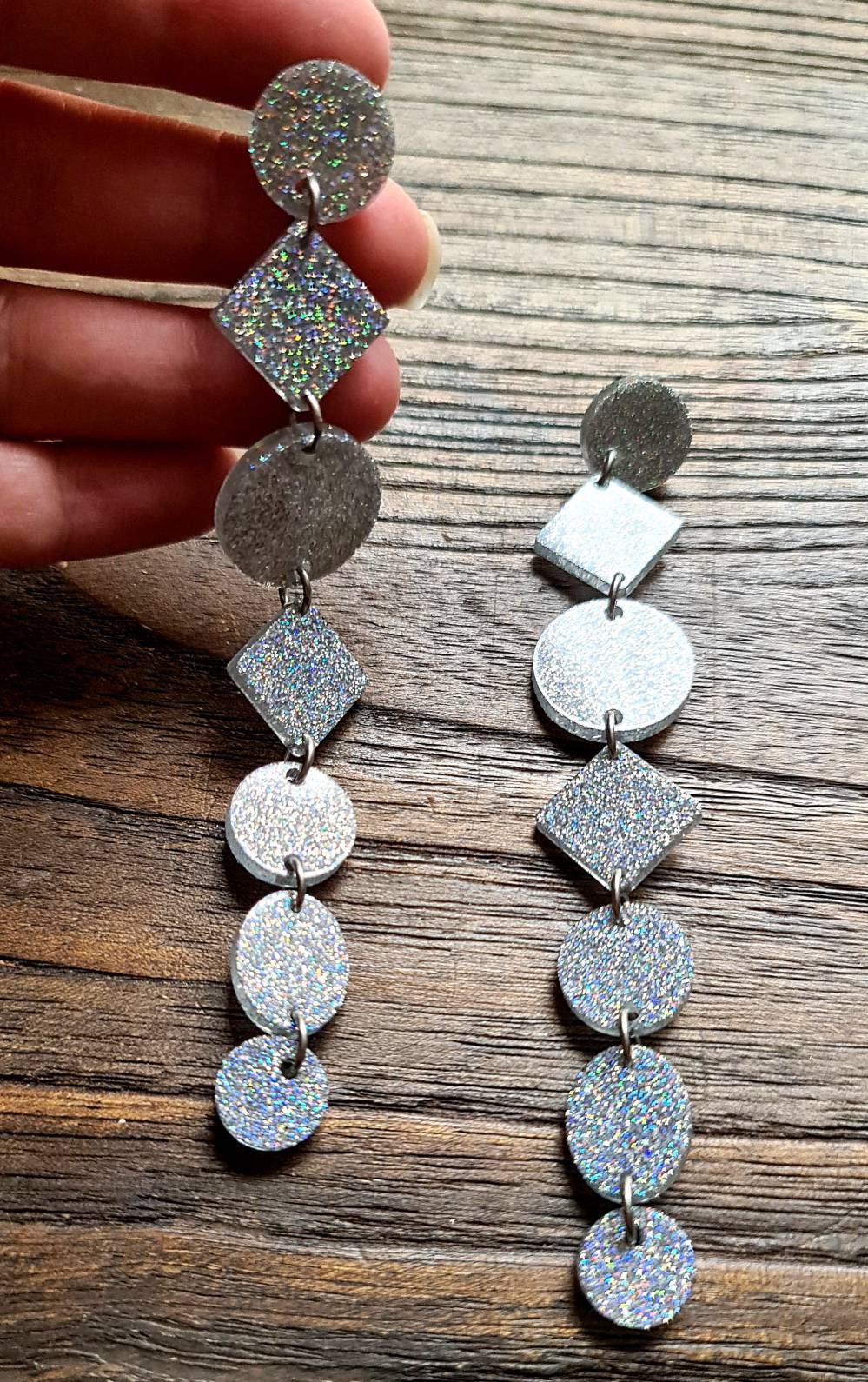 Silver Holographic Glitter Extra Super Long Circle Diamond Dangle Statement Shoulder Duster Earrings 12.5cm long