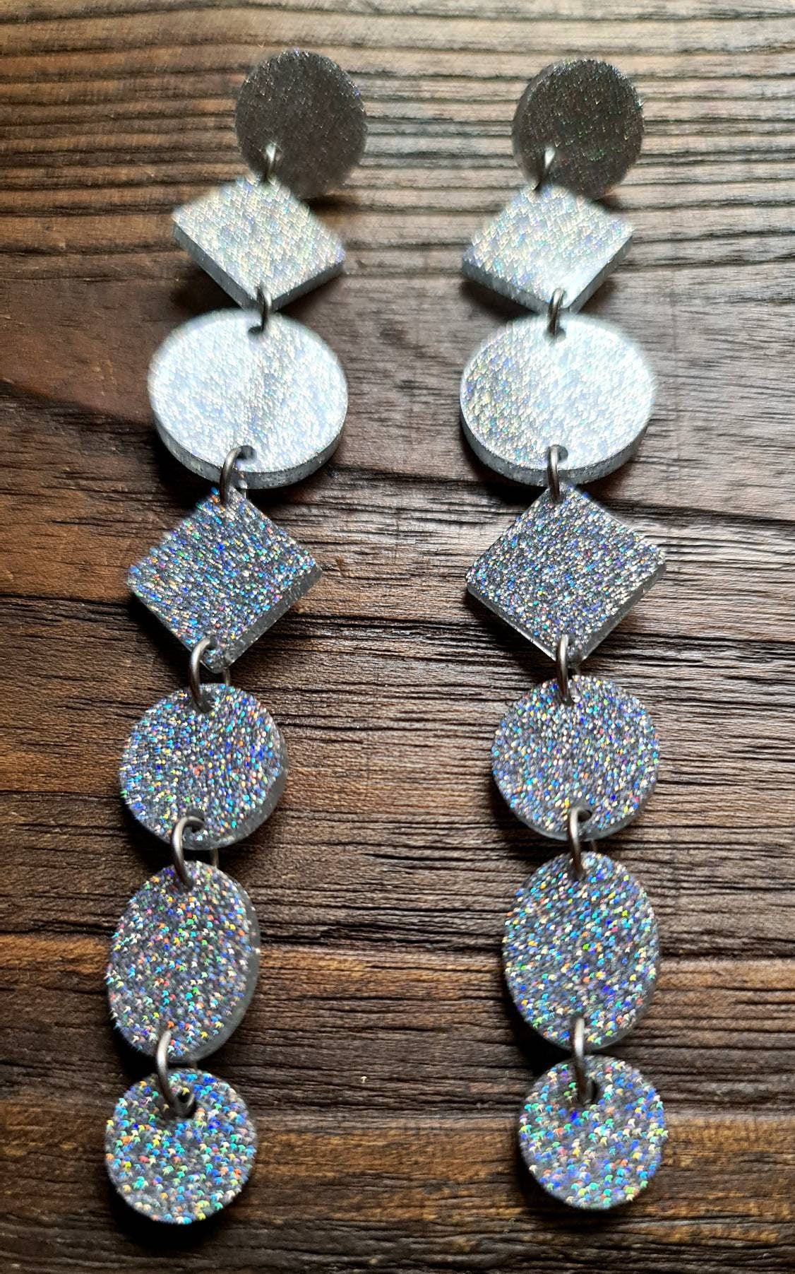Silver Holographic Glitter Extra Super Long Circle Diamond Dangle Statement Shoulder Duster Earrings 12.5cm long