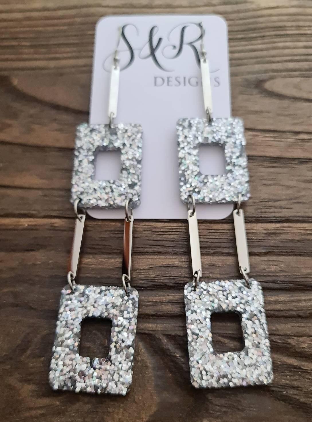 Oversized Square Holographic Glitter Dangle Earrings, Super Extra Long Dangles, 14cm long, Holographic Silver Glitter Earrings