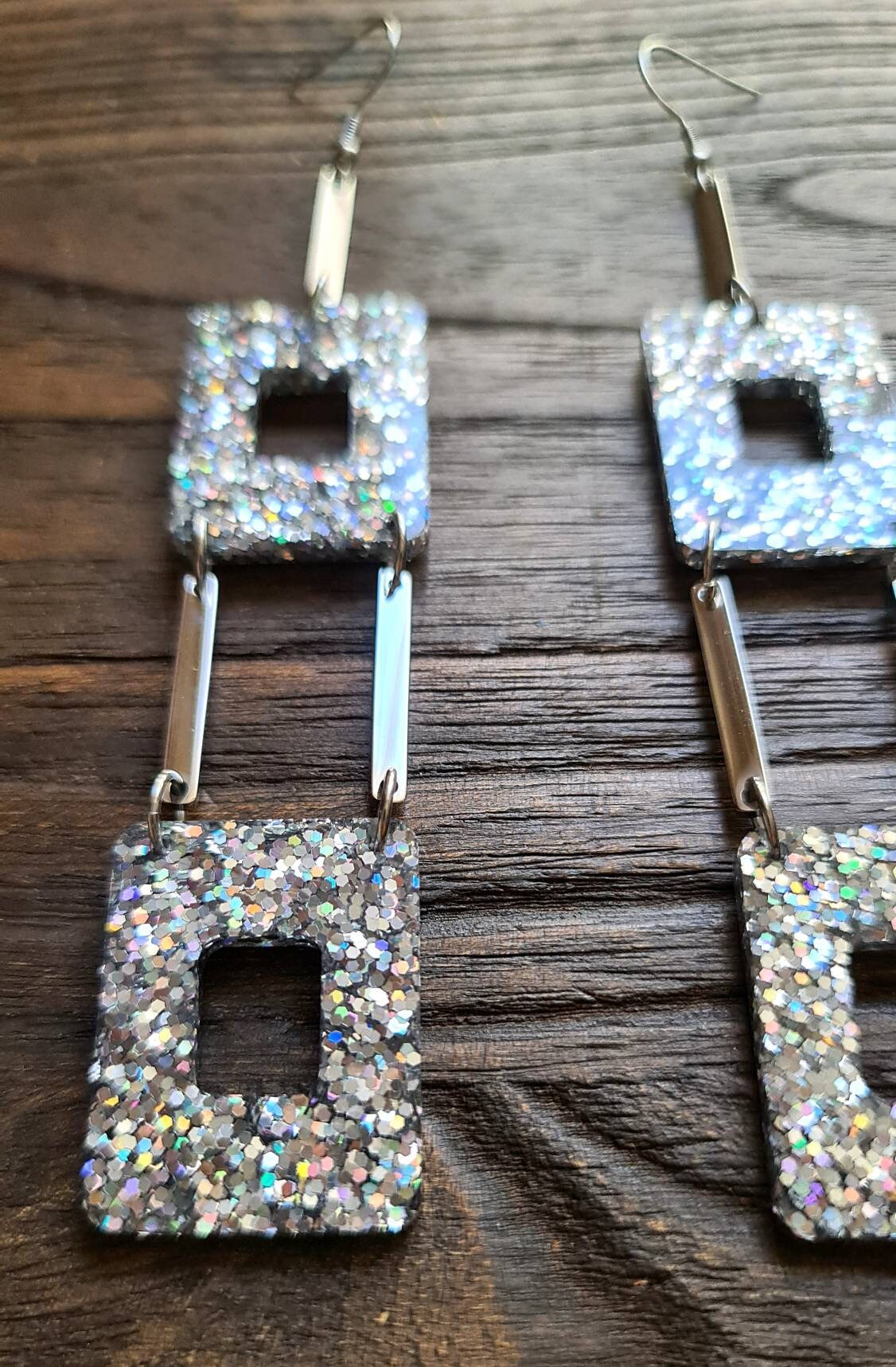 Oversized Square Holographic Glitter Dangle Earrings, Super Extra Long Dangles, 14cm long, Holographic Silver Glitter Earrings