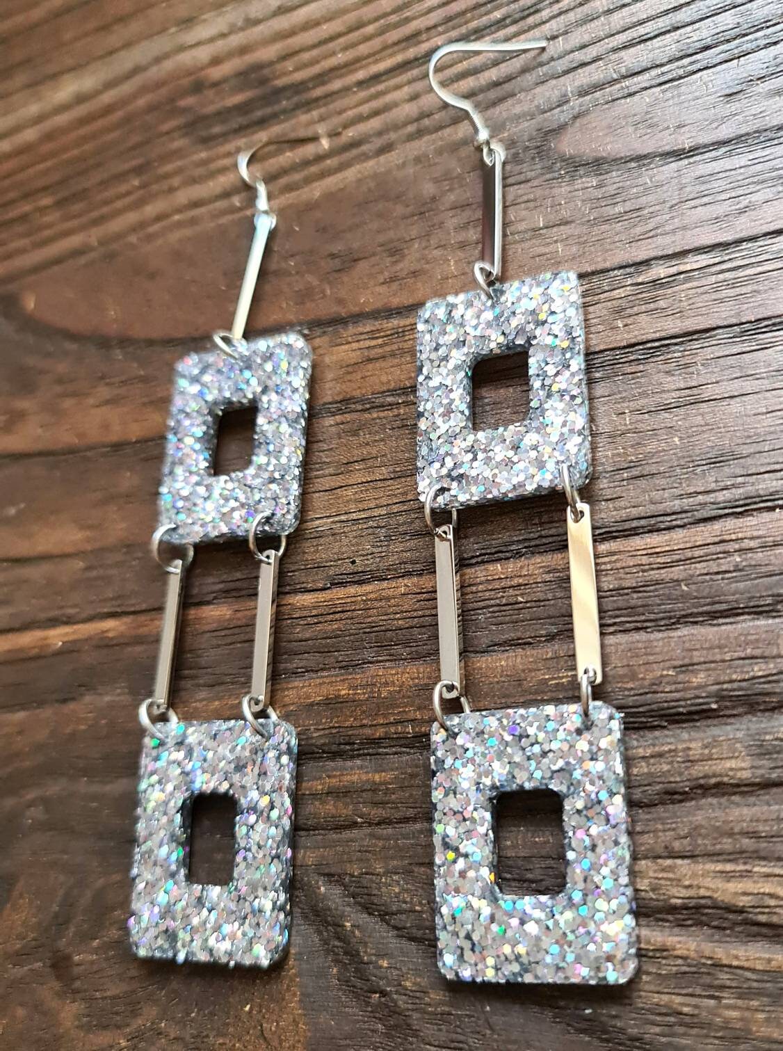 Oversized Square Holographic Glitter Dangle Earrings, Super Extra Long Dangles, 14cm long, Holographic Silver Glitter Earrings