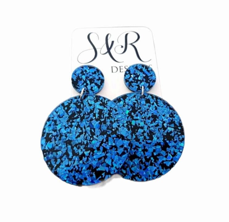 Statement Circle Long Dangle Earrings, Blue Shards Black Mix Earrings, Acrylic Earrings, Stainless Steel Earrings. Choose from 6 sizes