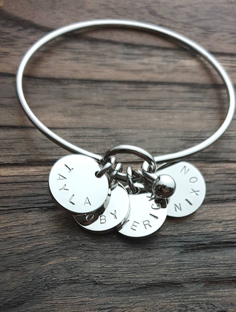 Personalised Hand Stamped Disc Charm, Circle Charm, Silver, Rose Gold or Gold Name Charm 15mm Disc Jump Ring