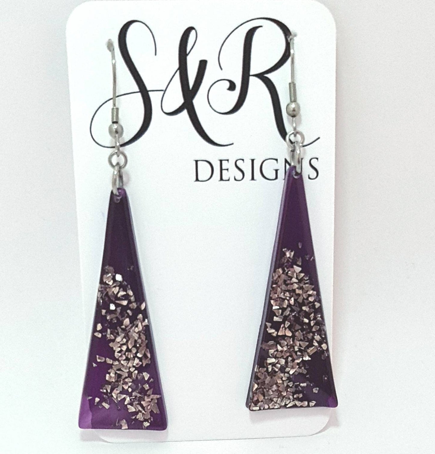 Resin Dangle Earrings, Purple, Silver, Triangle Dangle Earrings Stainless Steel, Glitter Earrings, Statement Earrings