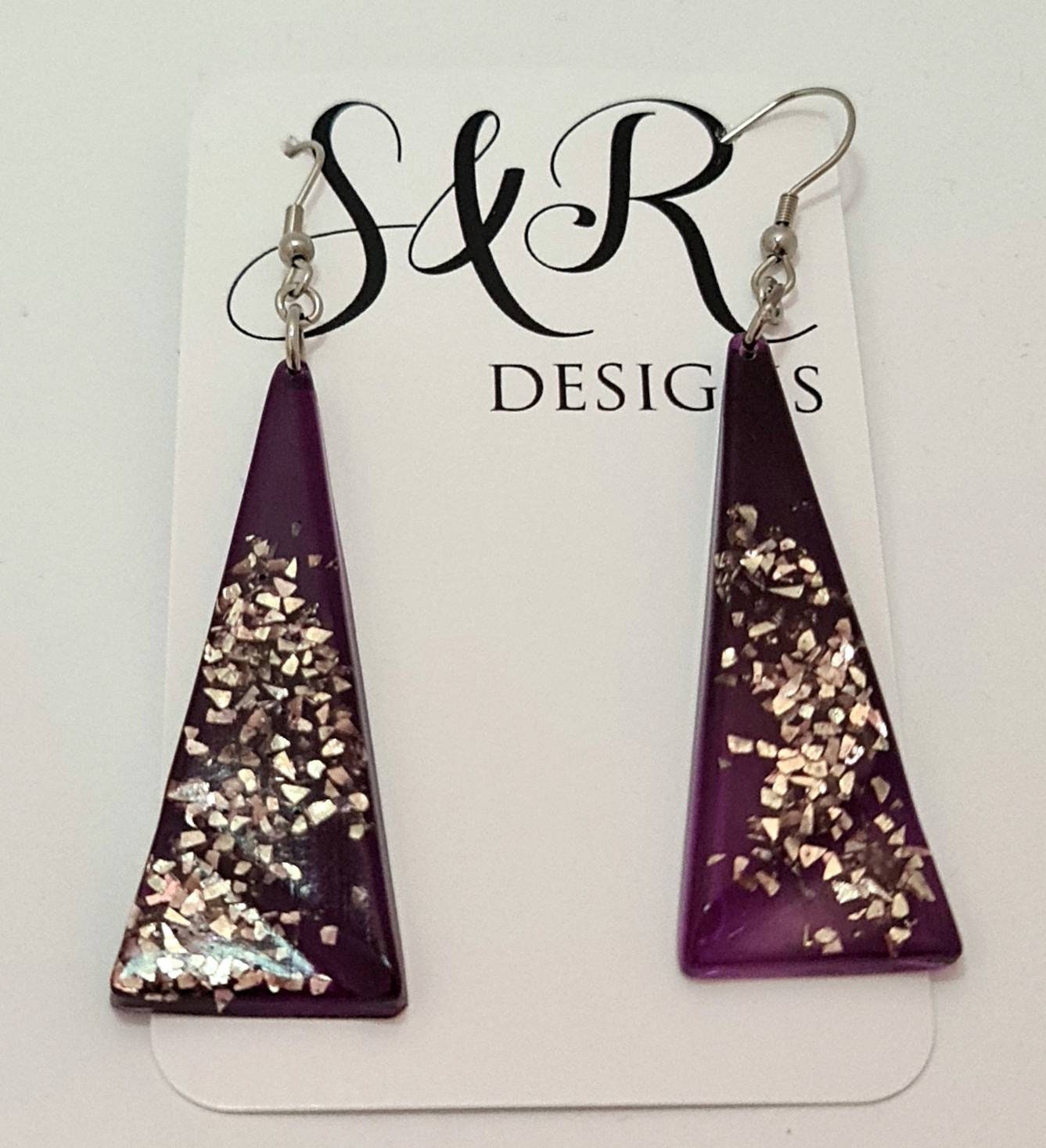 Resin Dangle Earrings, Purple, Silver, Triangle Dangle Earrings Stainless Steel, Glitter Earrings, Statement Earrings