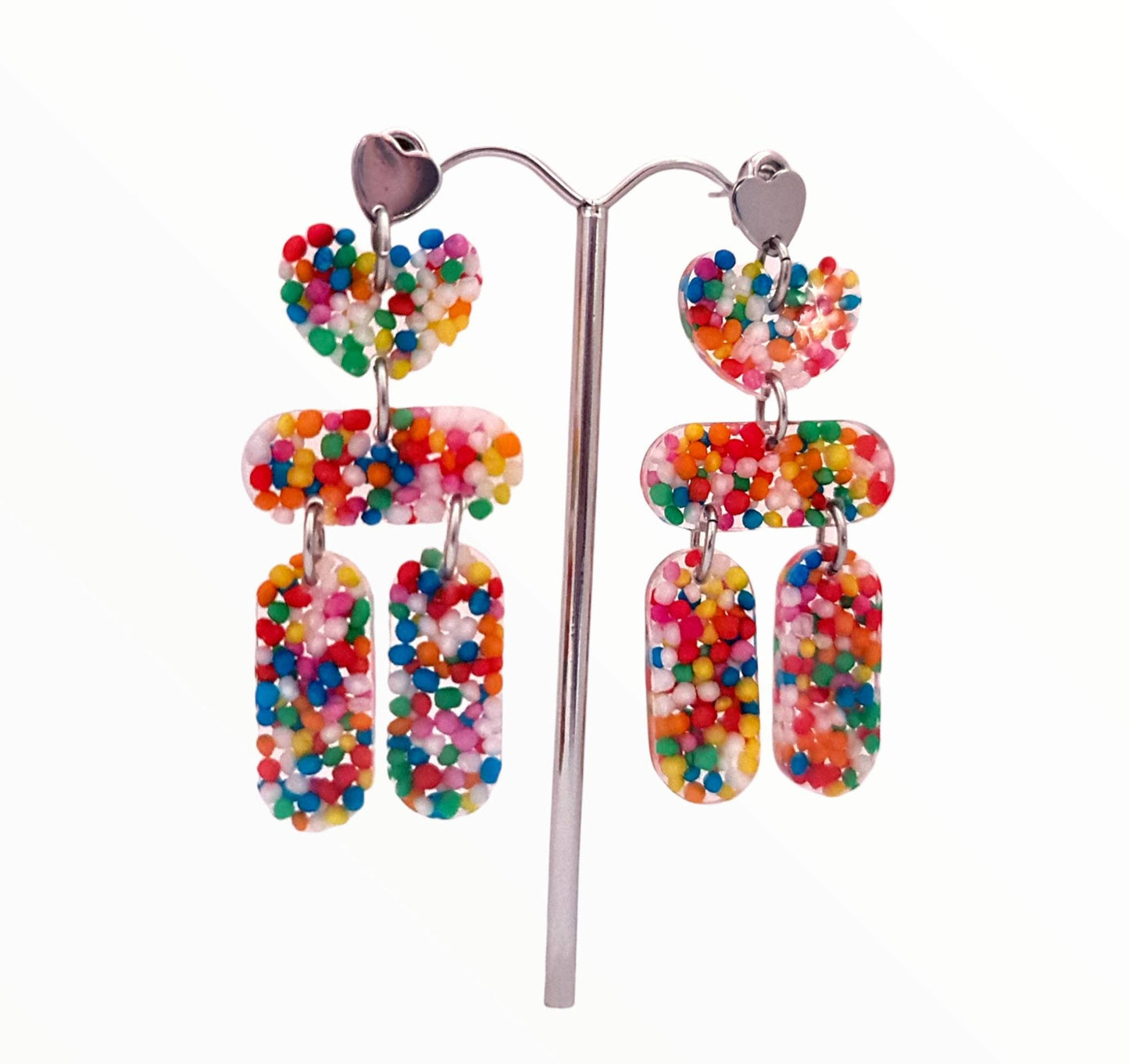 Sprinkle Chandelier Dangle Earrings, Heart Tube Candy Earrings, Dangle Statement Earrings, 100's and 1000's Real Candy, Stainless Steel