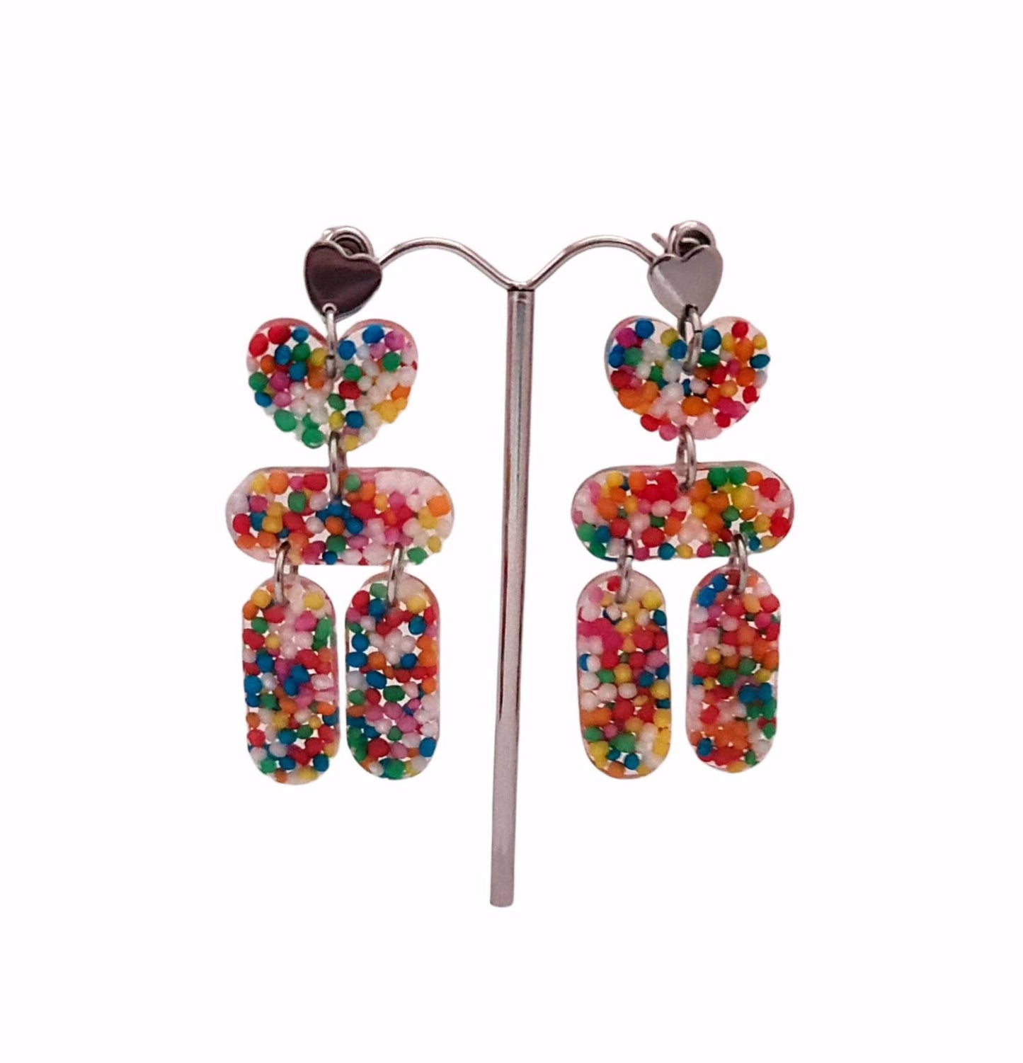 Sprinkle Chandelier Dangle Earrings, Heart Tube Candy Earrings, Dangle Statement Earrings, 100's and 1000's Real Candy, Stainless Steel