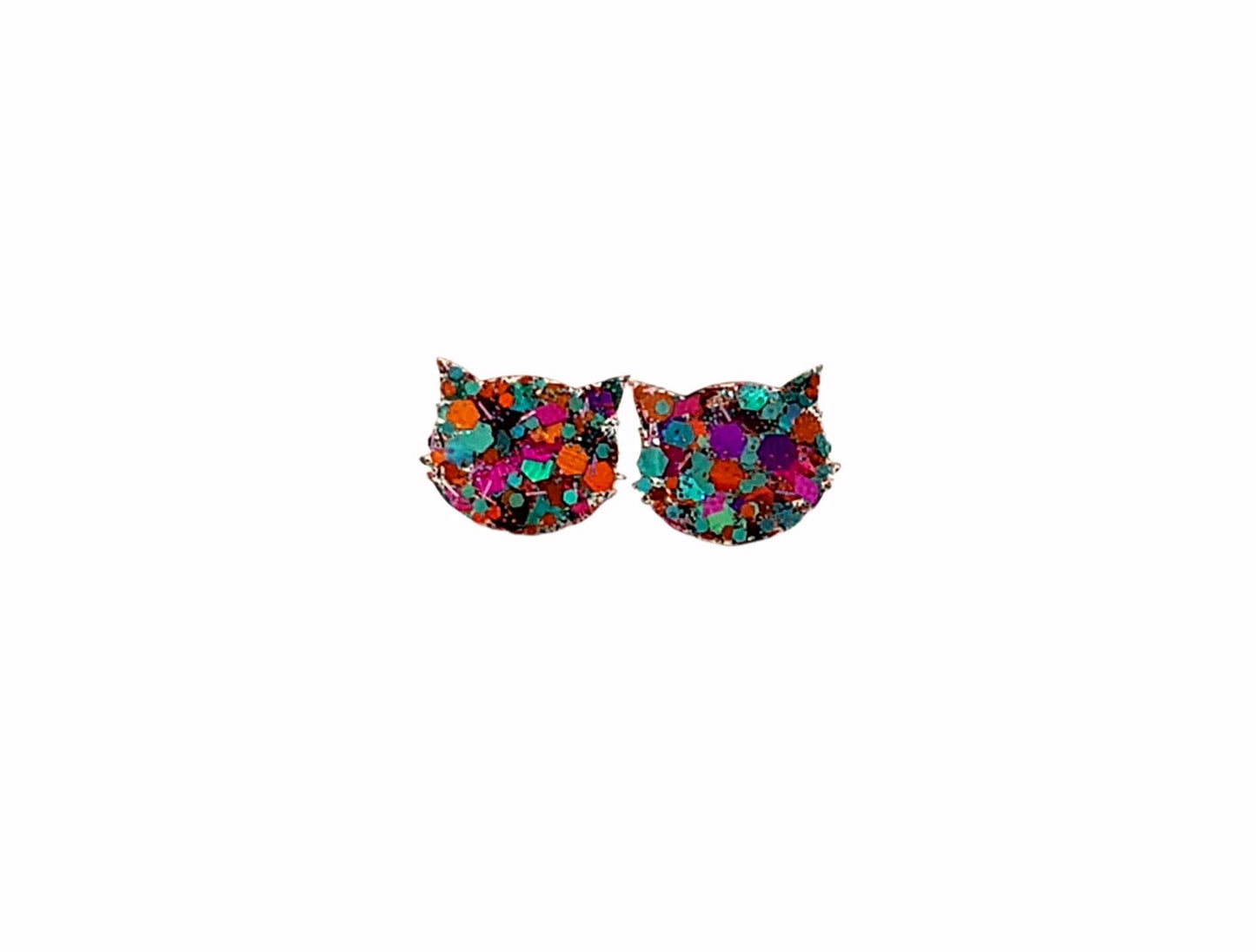 Cat Earrings, Cat Resin Stud Earrings, Teal Orange Pink Silver Holographic Glitter Earrings, Cat Glitter Earrings made with Stainless Steel.