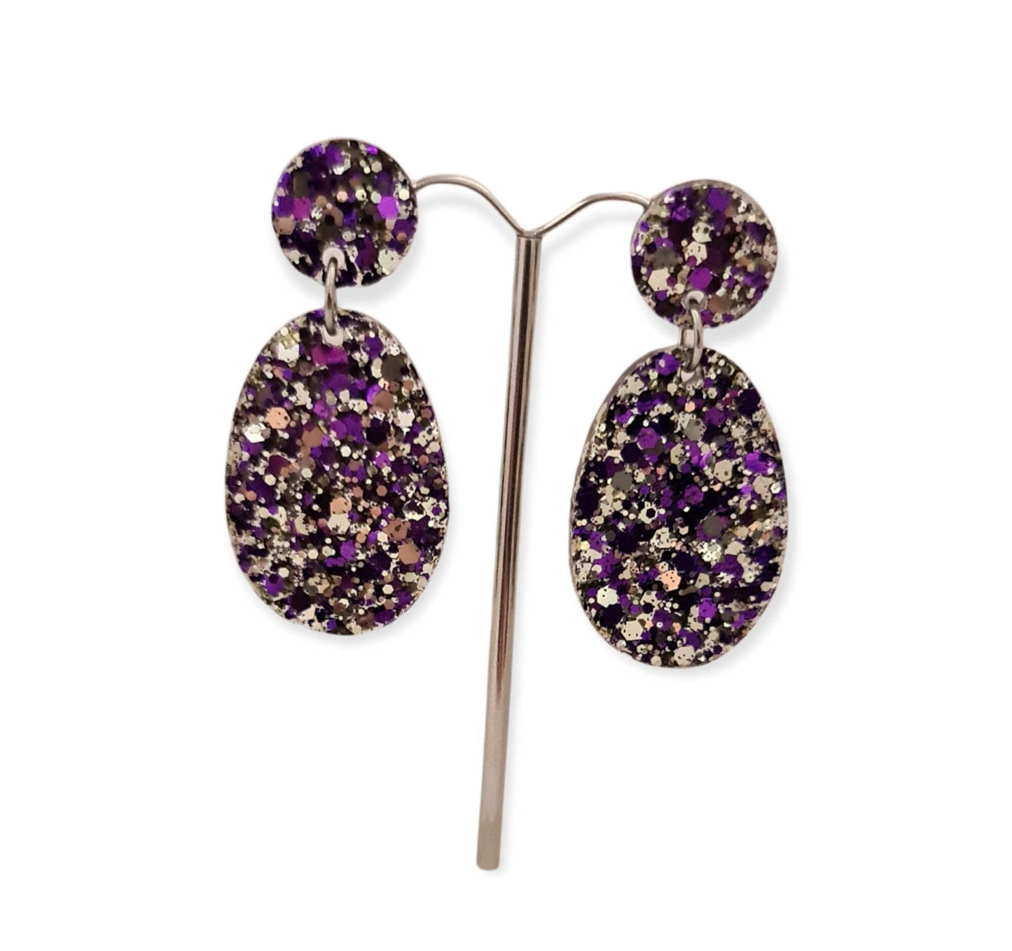 Statement Oval Long Resin Earrings, Silver Purple Mix Glitter Resin Earrings, Stainless Steel Earrings.