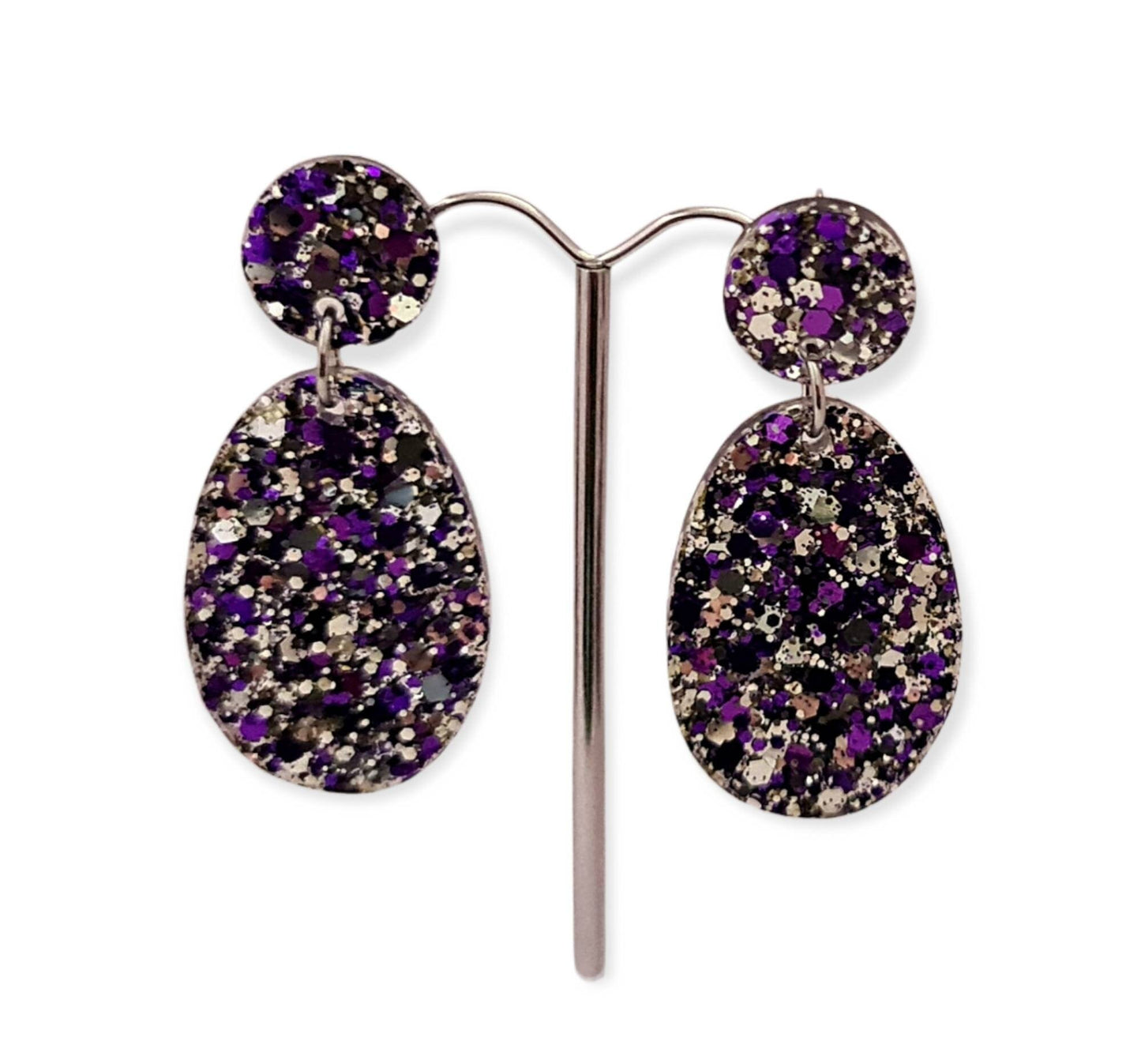 Statement Oval Long Resin Earrings, Silver Purple Mix Glitter Resin Earrings, Stainless Steel Earrings.