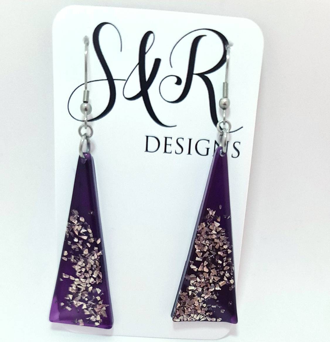 Resin Dangle Earrings, Purple, Silver, Triangle Dangle Earrings Stainless Steel, Glitter Earrings, Statement Earrings