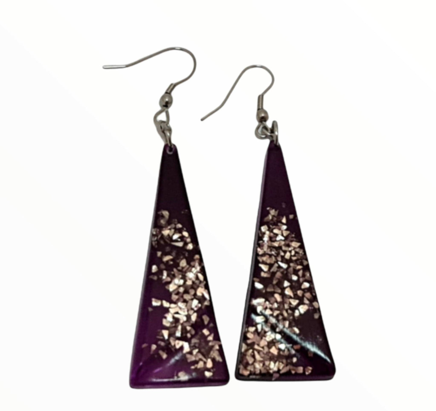 Resin Dangle Earrings, Purple, Silver, Triangle Dangle Earrings Stainless Steel, Glitter Earrings, Statement Earrings