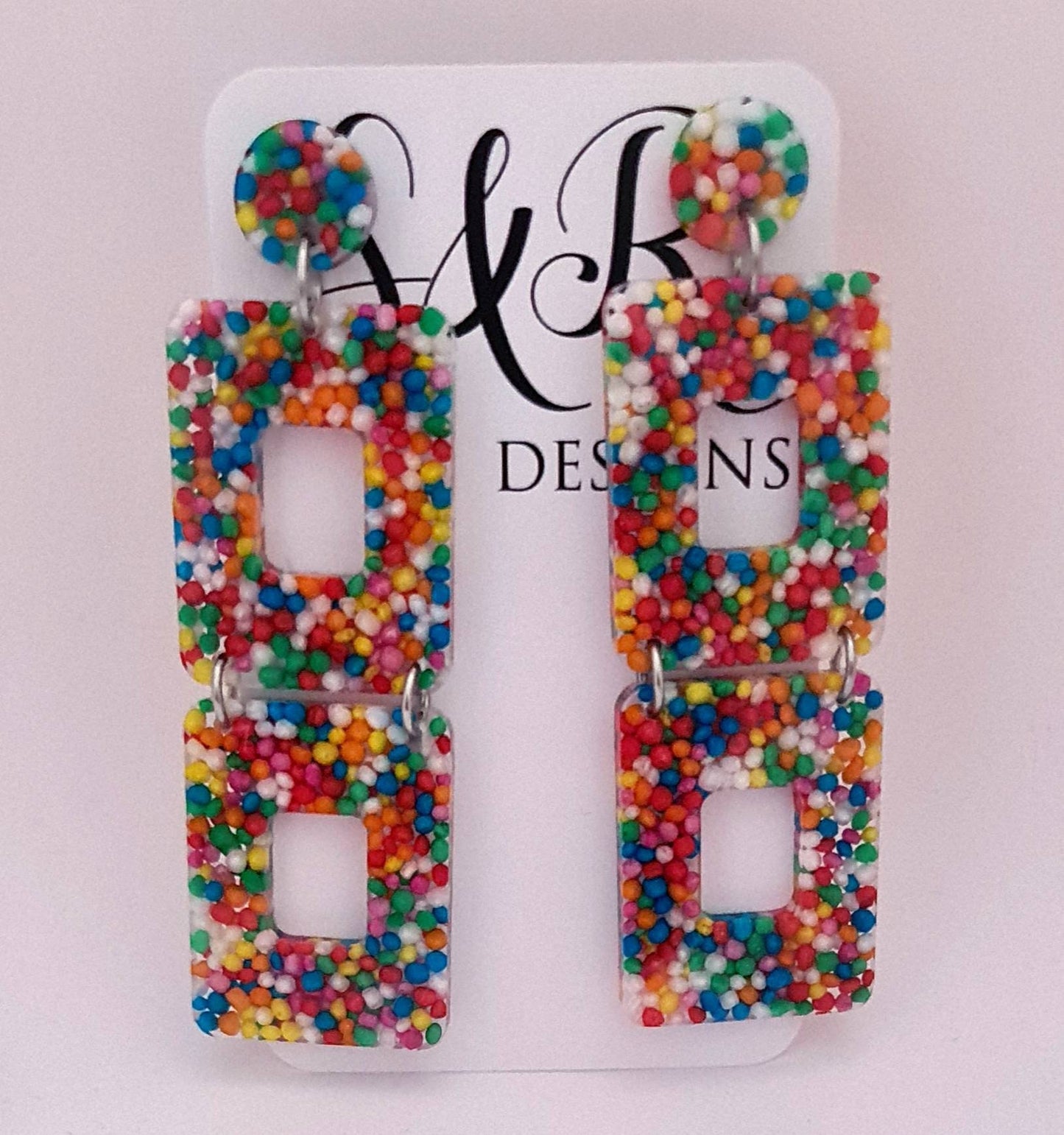 Long Square Sprinkle Earrings, Long Resin Dangles, Candy Earrings, 100s and 1000's real candy