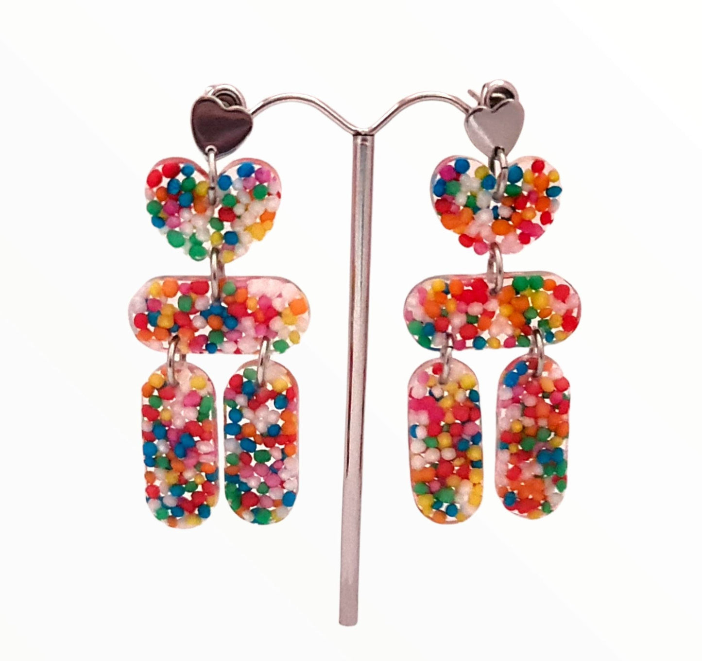 Sprinkle Chandelier Dangle Earrings, Heart Tube Candy Earrings, Dangle Statement Earrings, 100's and 1000's Real Candy, Stainless Steel