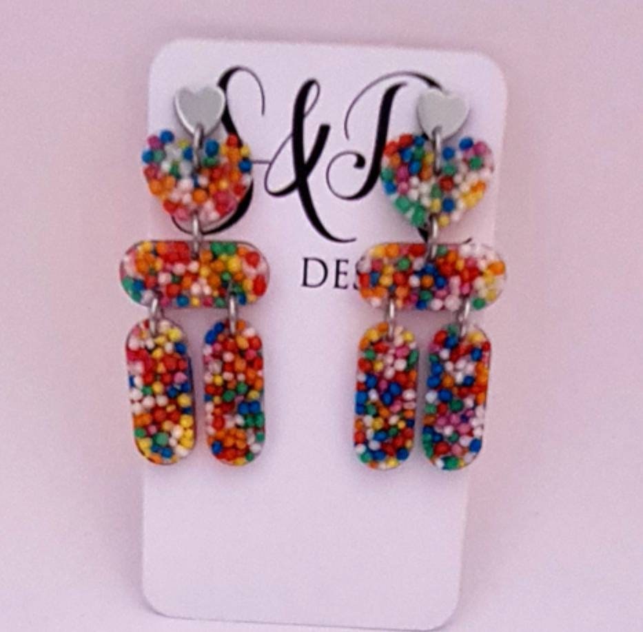 Sprinkle Chandelier Dangle Earrings, Heart Tube Candy Earrings, Dangle Statement Earrings, 100's and 1000's Real Candy, Stainless Steel