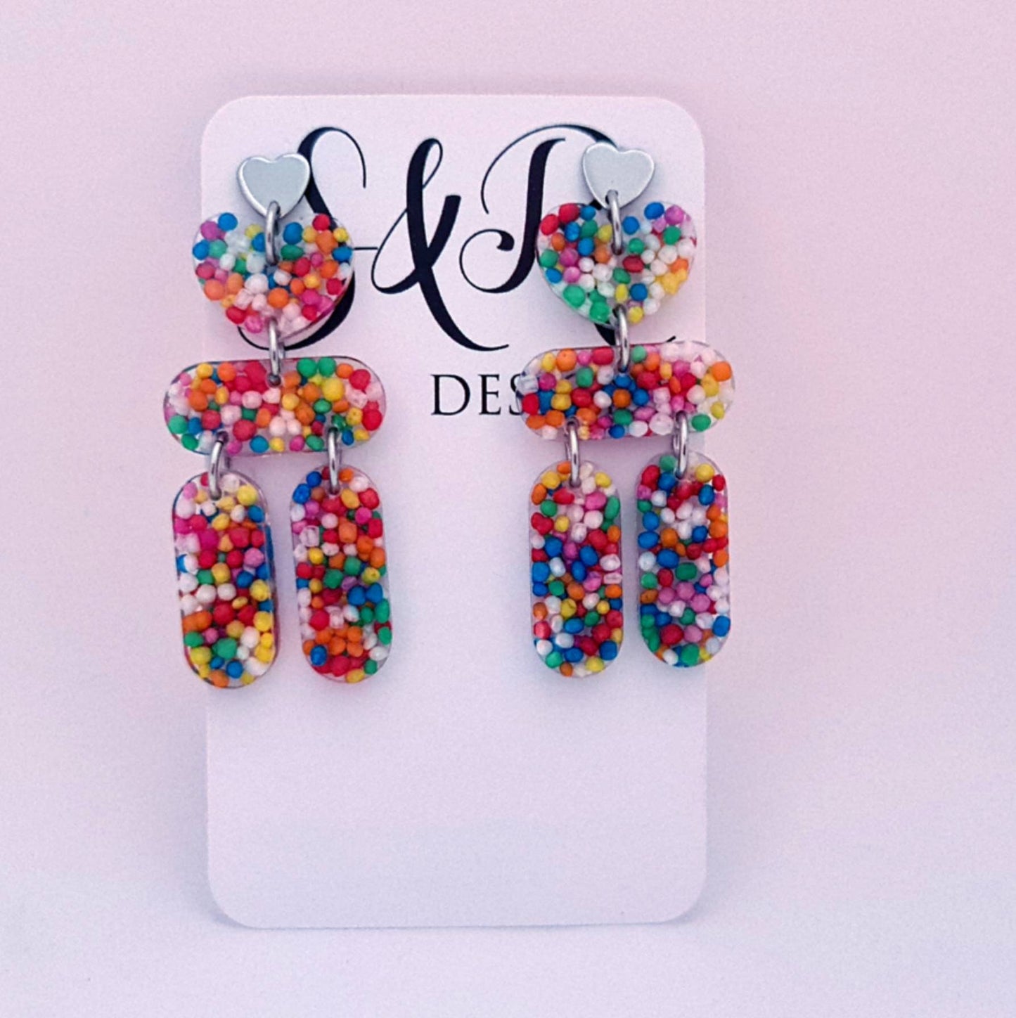 Sprinkle Chandelier Dangle Earrings, Heart Tube Candy Earrings, Dangle Statement Earrings, 100's and 1000's Real Candy, Stainless Steel