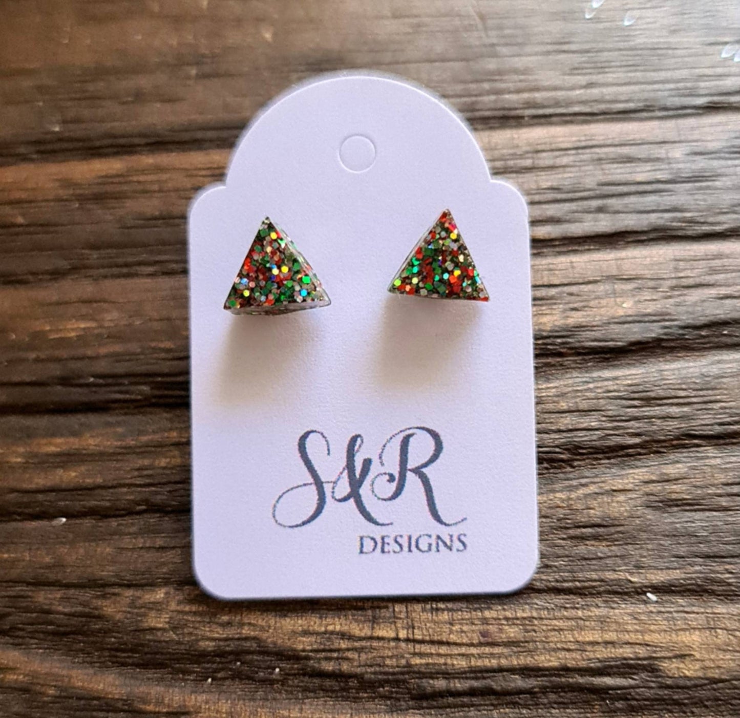 Triangle Resin Stud Earrings, Christmas Earrings, Glitter Earrings, Stainless Steel. 8mm