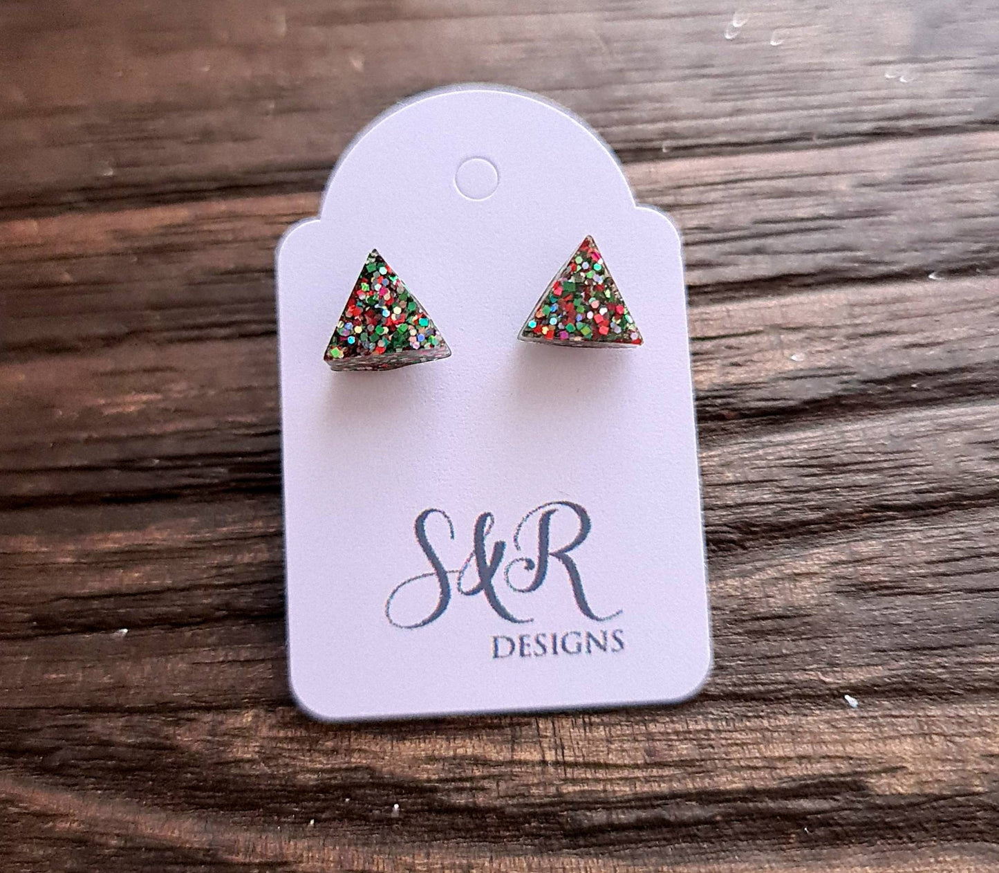 Triangle Resin Stud Earrings, Christmas Earrings, Glitter Earrings, Stainless Steel. 8mm
