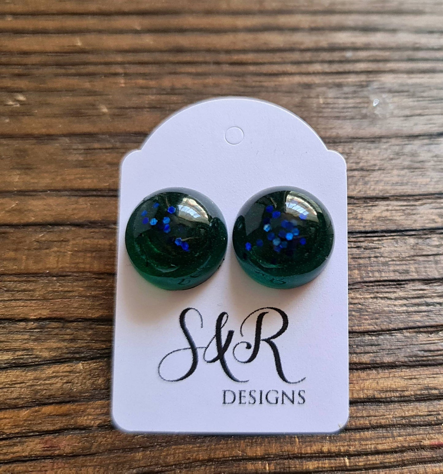 Resin Ball Stud Earrings, Green Blue Glitter Earrings, stainless steel earrings 14mm