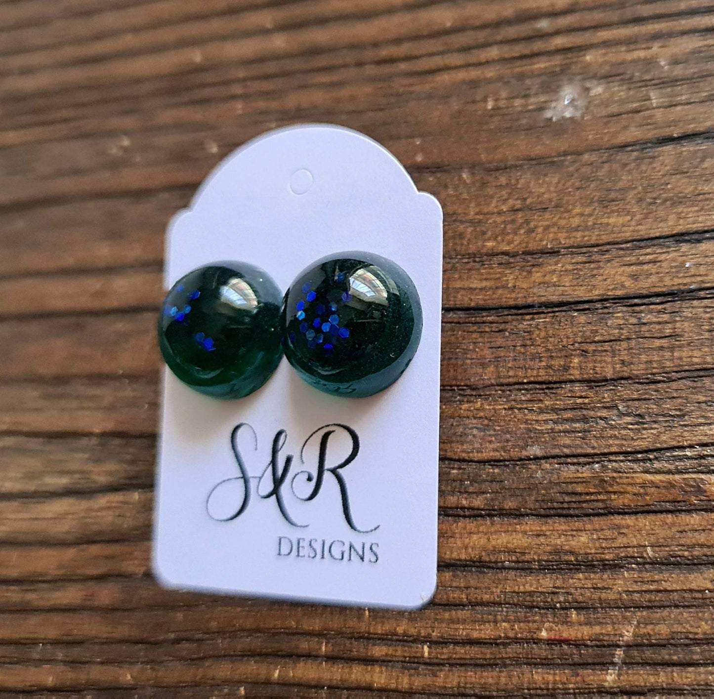 Resin Ball Stud Earrings, Green Blue Glitter Earrings, stainless steel earrings 14mm