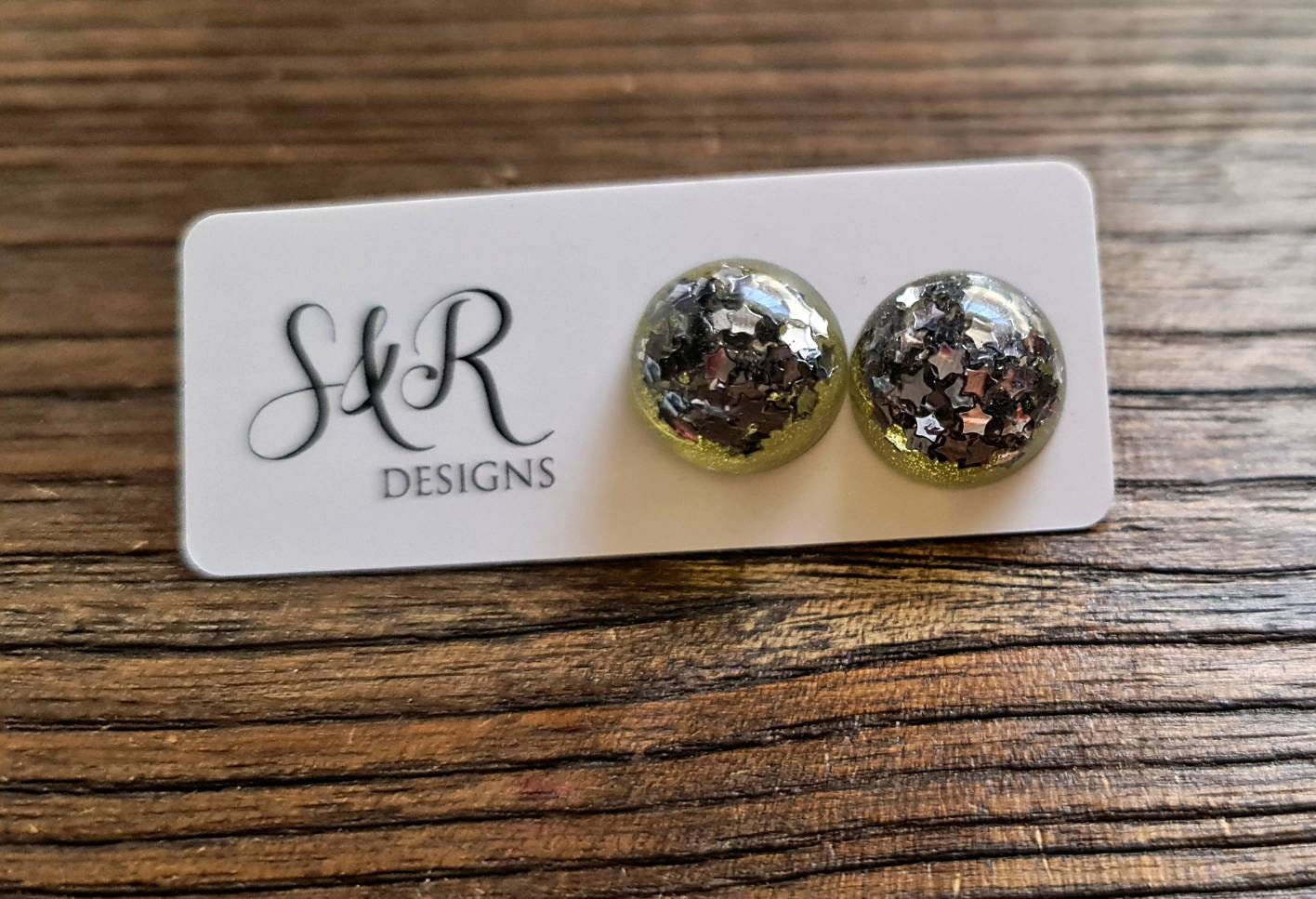 Resin Ball Stud earrings, Silver Star Glitter Mix Earrings, stainless steel earrings 14mm