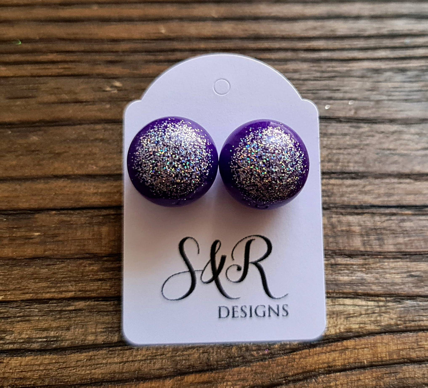 Resin Ball Stud Earrings, Purple Silver Holographic Glitter Mix Earrings, Stainless Steel Earrings 14mm