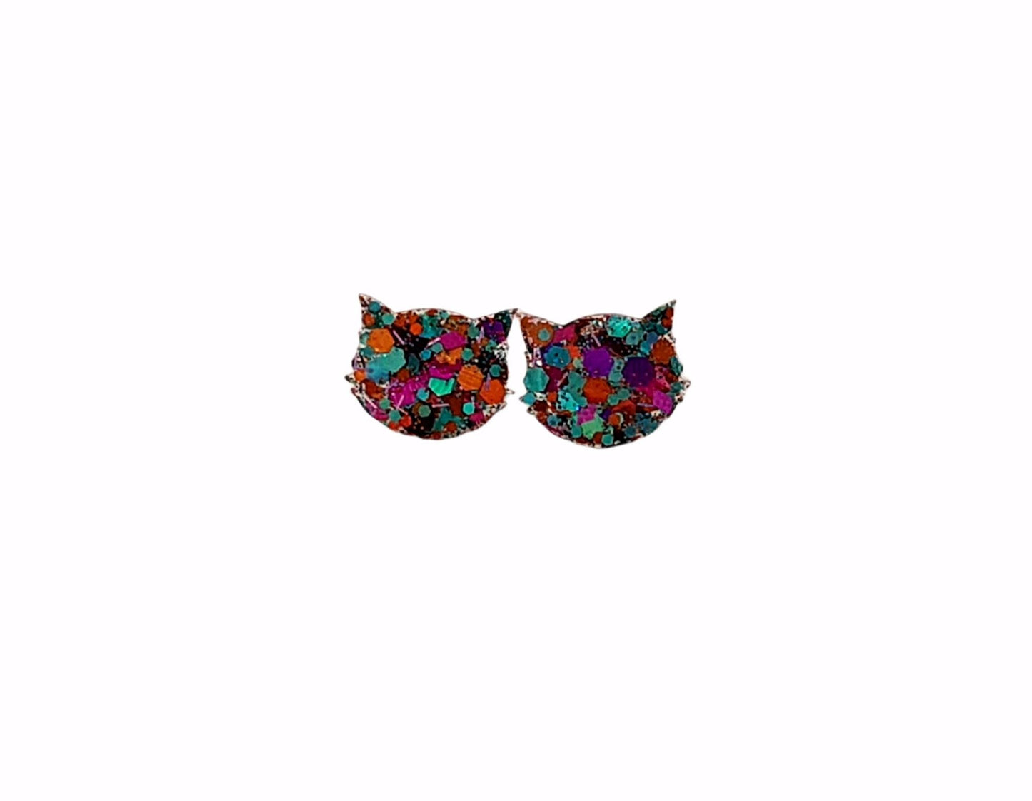 Cat Earrings, Cat Resin Stud Earrings, Teal Orange Pink Silver Holographic Glitter Earrings, Cat Glitter Earrings made with Stainless Steel.