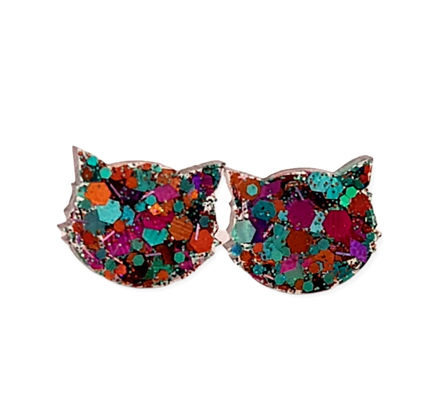 Cat Earrings, Cat Resin Stud Earrings, Teal Orange Pink Silver Holographic Glitter Earrings, Cat Glitter Earrings made with Stainless Steel.
