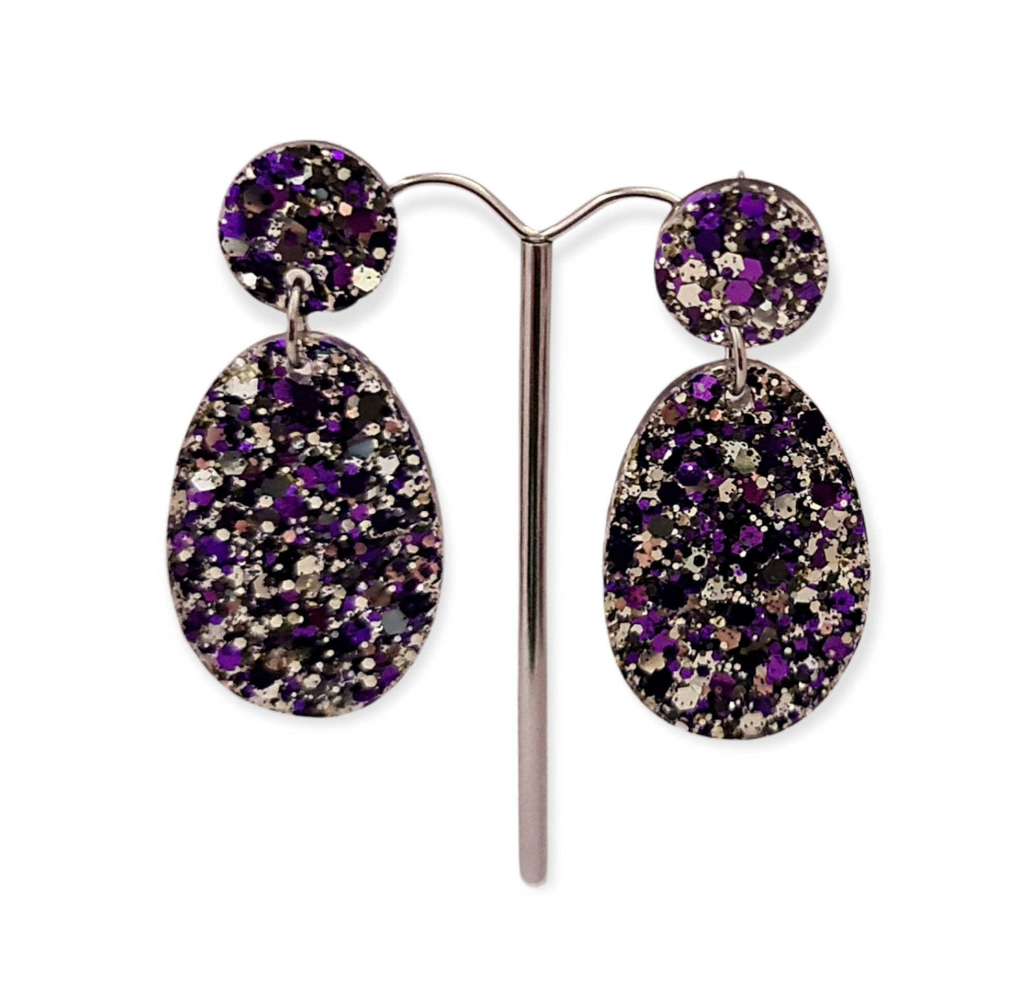 Statement Oval Long Resin Earrings, Silver Purple Mix Glitter Resin Earrings, Stainless Steel Earrings.
