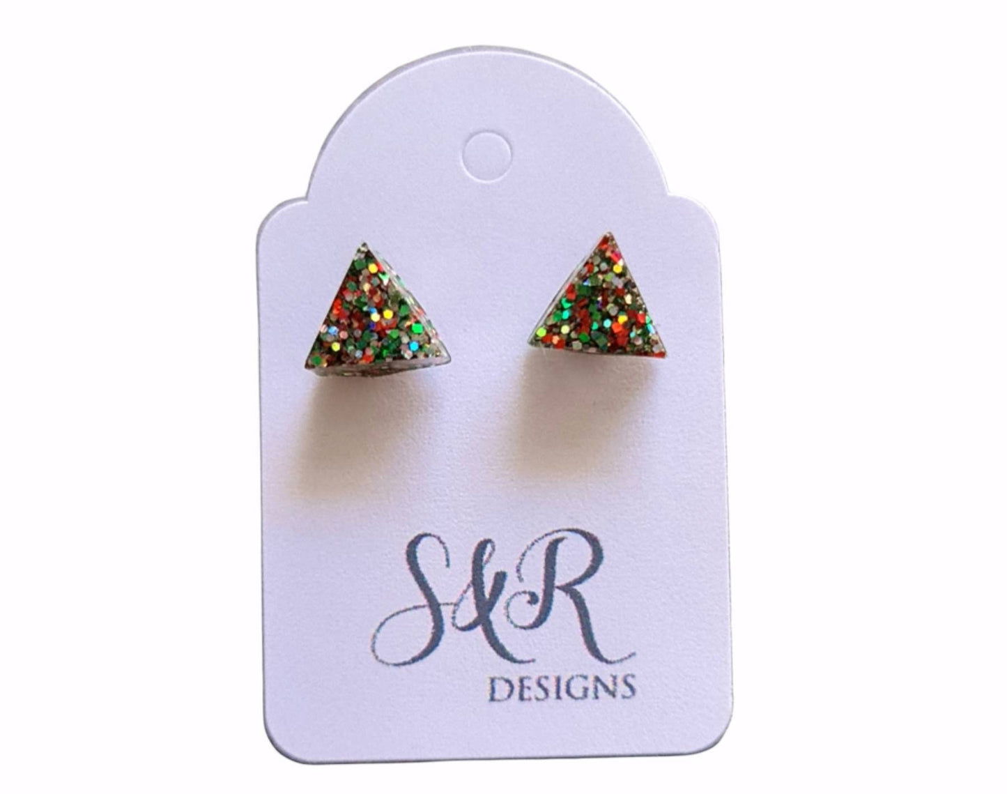 Triangle Resin Stud Earrings, Christmas Earrings, Glitter Earrings, Stainless Steel. 8mm