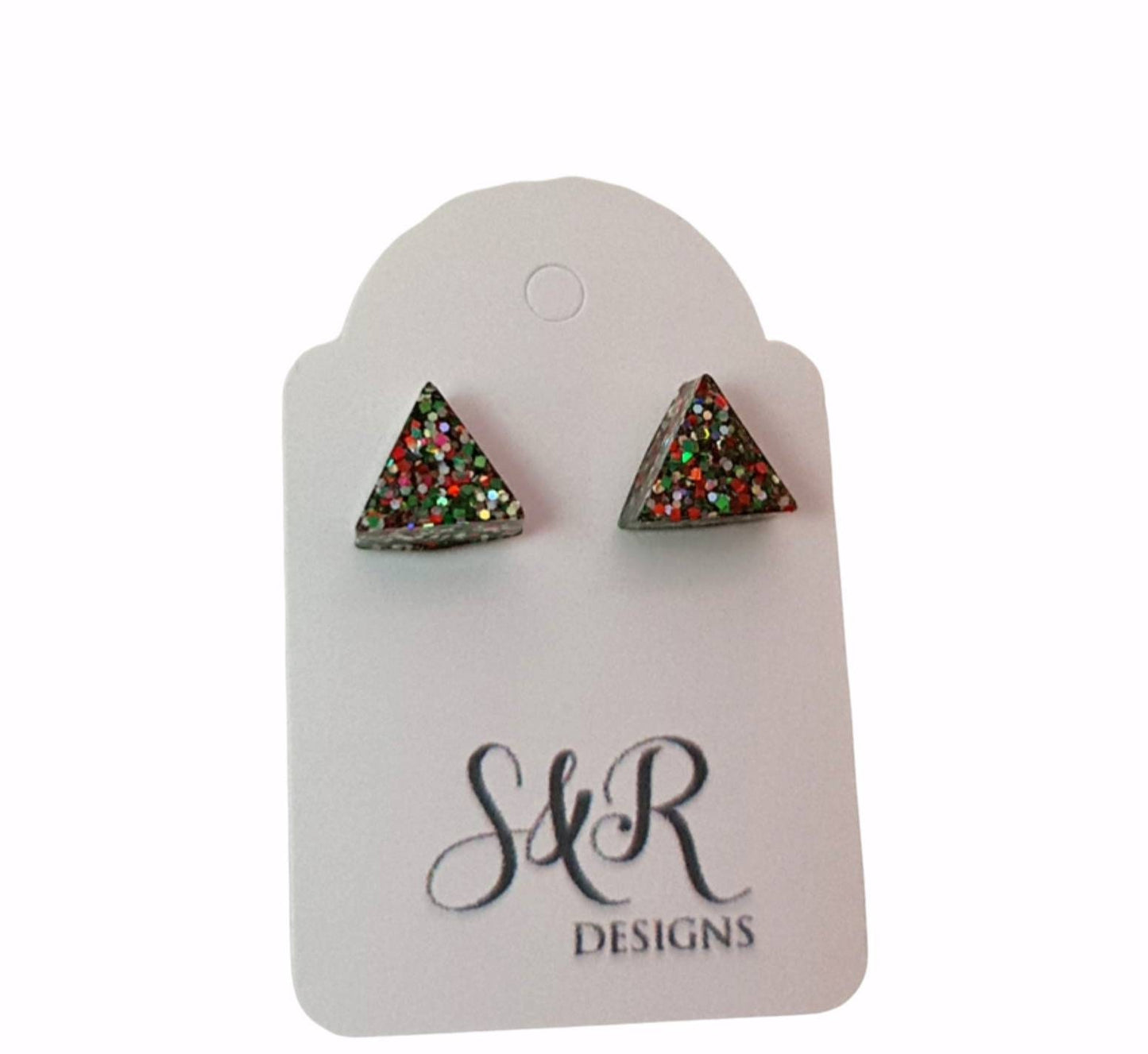 Triangle Resin Stud Earrings, Christmas Earrings, Glitter Earrings, Stainless Steel. 8mm