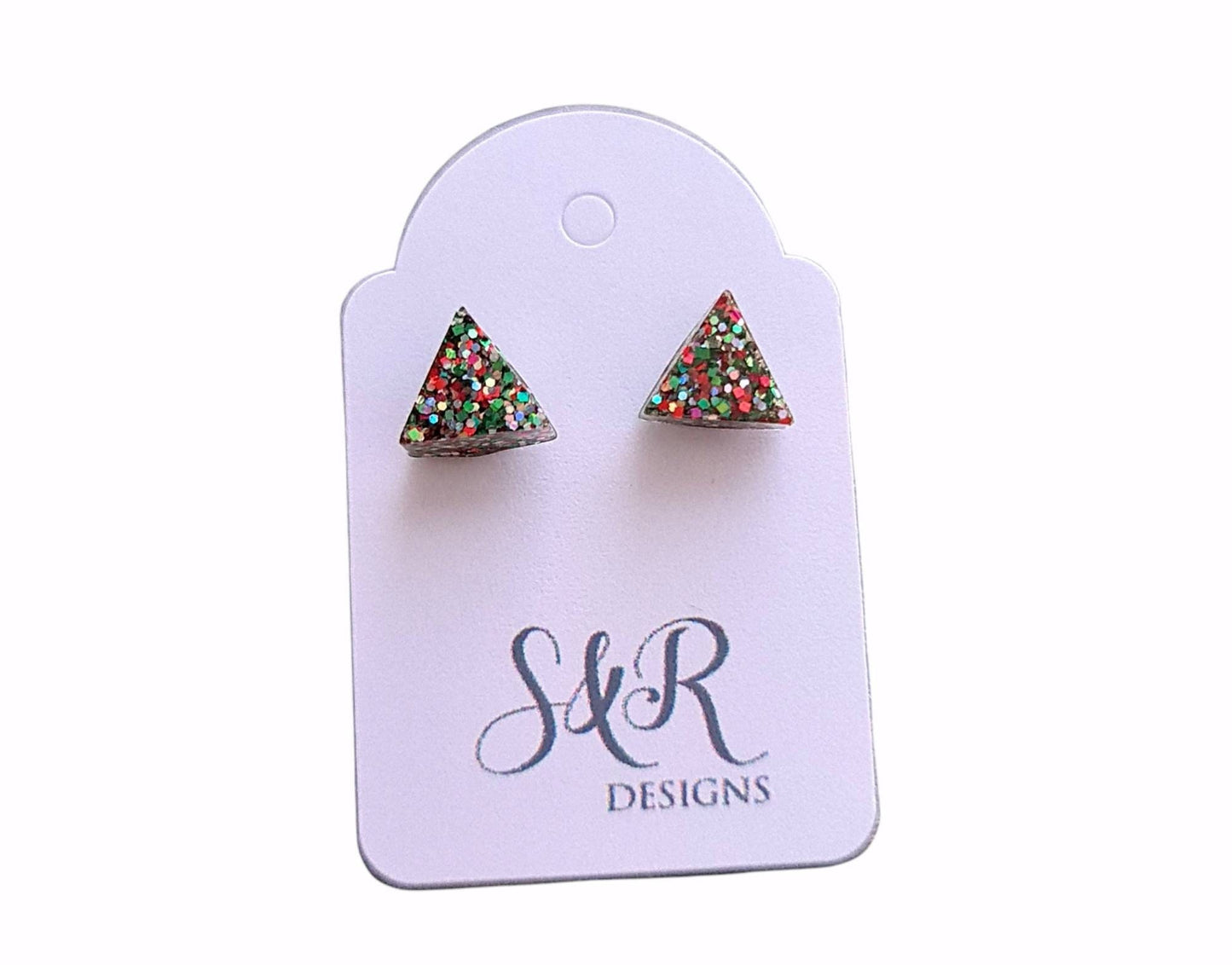 Triangle Resin Stud Earrings, Christmas Earrings, Glitter Earrings, Stainless Steel. 8mm