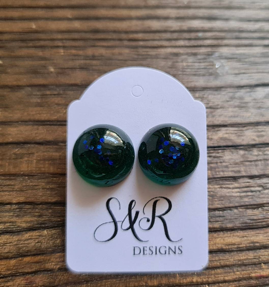 Resin Ball Stud Earrings, Green Blue Glitter Earrings, stainless steel earrings 14mm