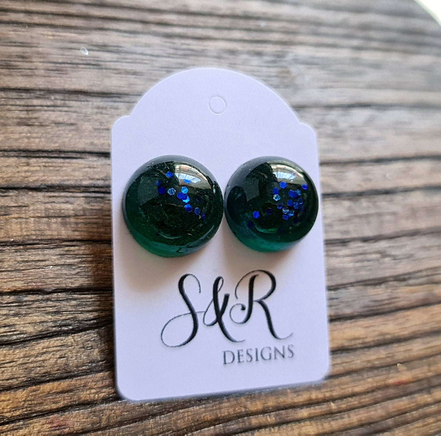 Resin Ball Stud Earrings, Green Blue Glitter Earrings, stainless steel earrings 14mm