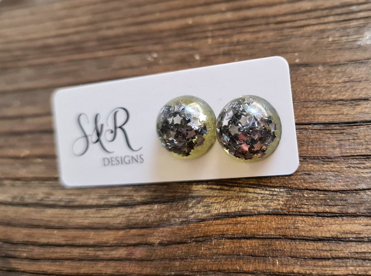 Resin Ball Stud earrings, Silver Star Glitter Mix Earrings, stainless steel earrings 14mm