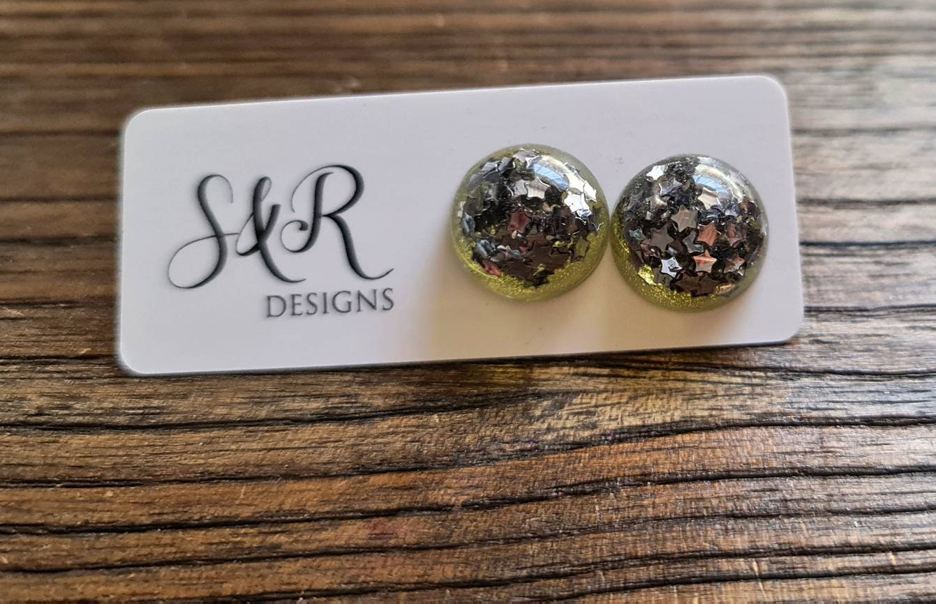 Resin Ball Stud earrings, Silver Star Glitter Mix Earrings, stainless steel earrings 14mm