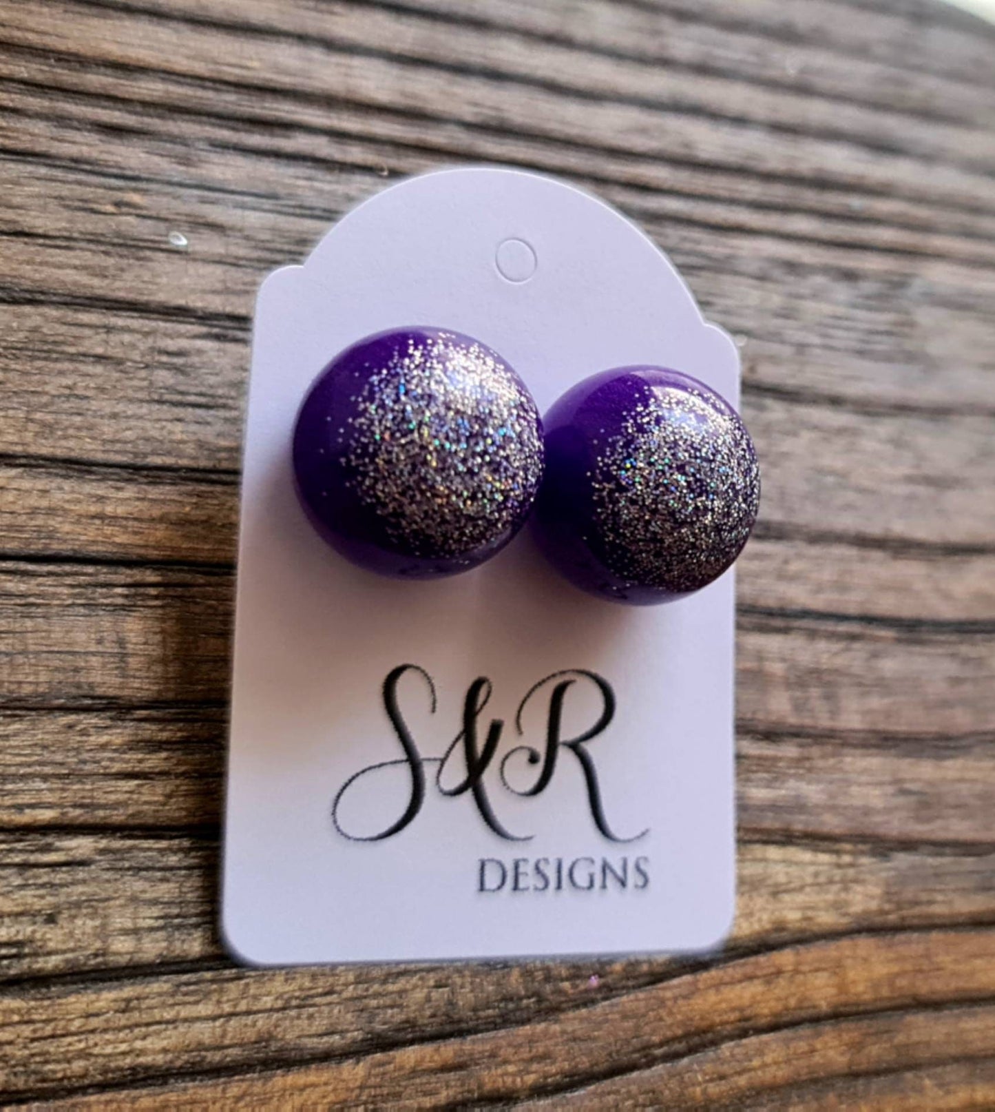 Resin Ball Stud Earrings, Purple Silver Holographic Glitter Mix Earrings, Stainless Steel Earrings 14mm
