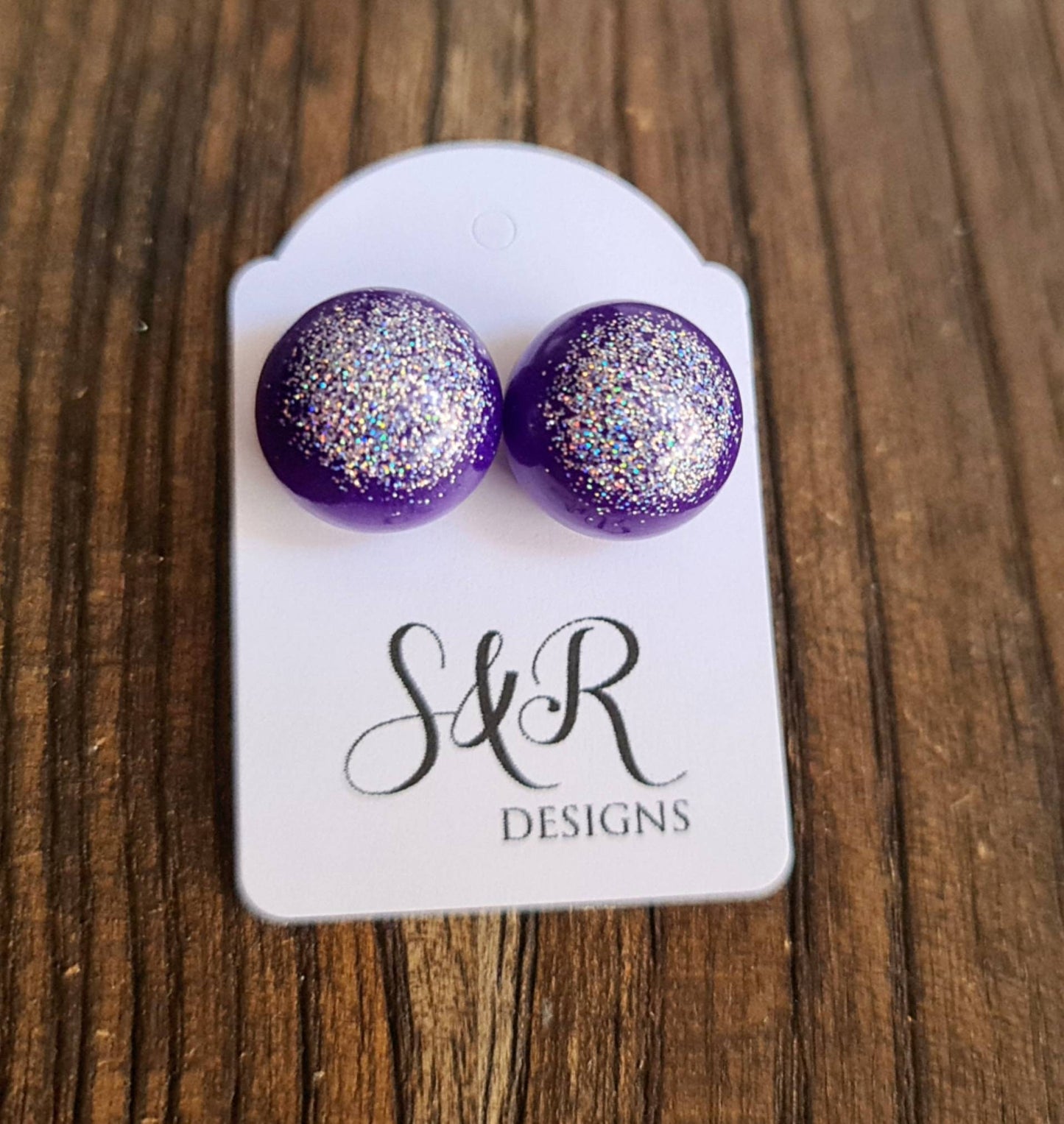 Resin Ball Stud Earrings, Purple Silver Holographic Glitter Mix Earrings, Stainless Steel Earrings 14mm