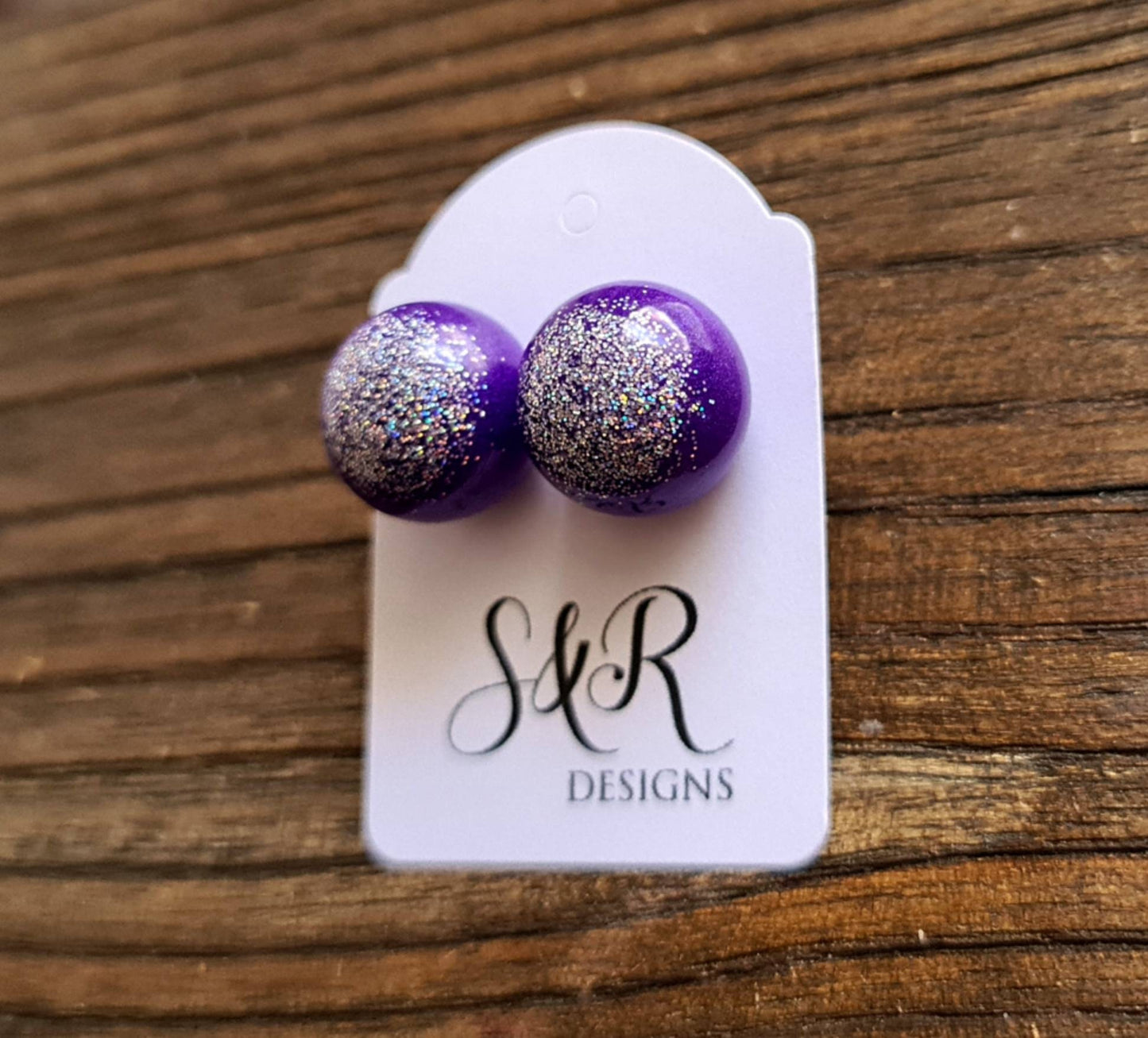 Resin Ball Stud Earrings, Purple Silver Holographic Glitter Mix Earrings, Stainless Steel Earrings 14mm