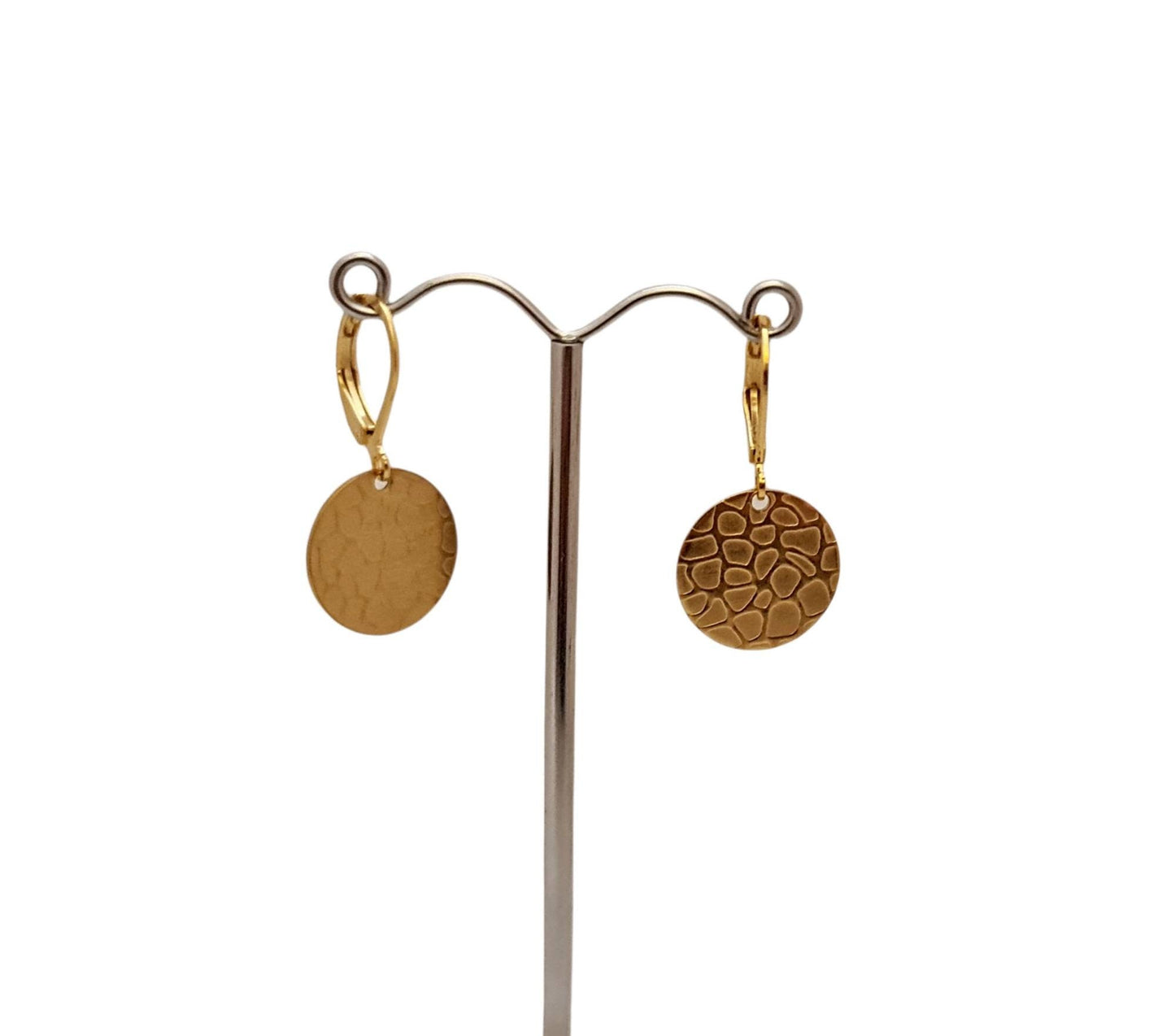 Hammered Texture Gold Circle Disc Coin Dangle Earrings, Stainless Steel Leverback or Hook Dangle Earrings 15mm