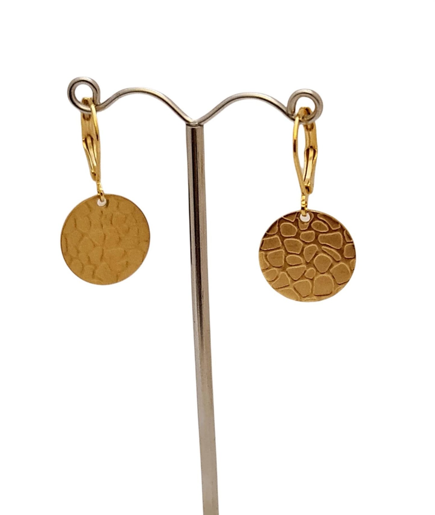 Hammered Texture Gold Circle Disc Coin Dangle Earrings, Stainless Steel Leverback or Hook Dangle Earrings 15mm
