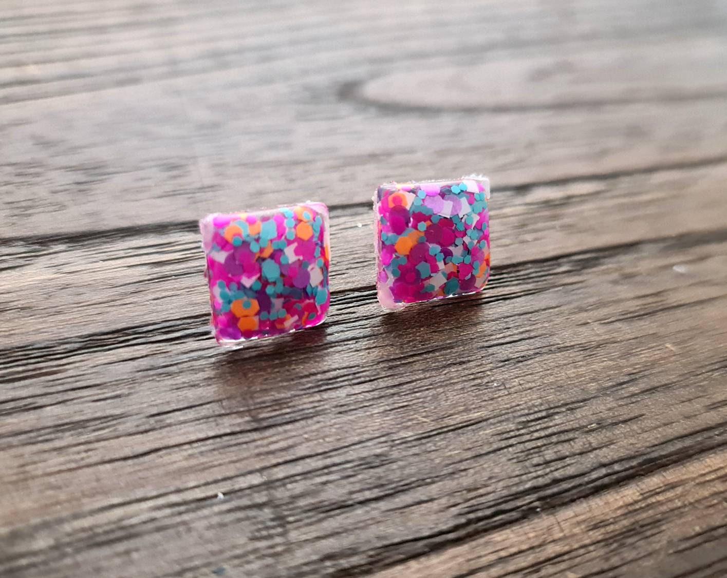 Square Stud Earrings, Neon Pink Blue Orange Teal White Glitter Resin Earrings. Stainless Steel Stud Earrings. 12mm