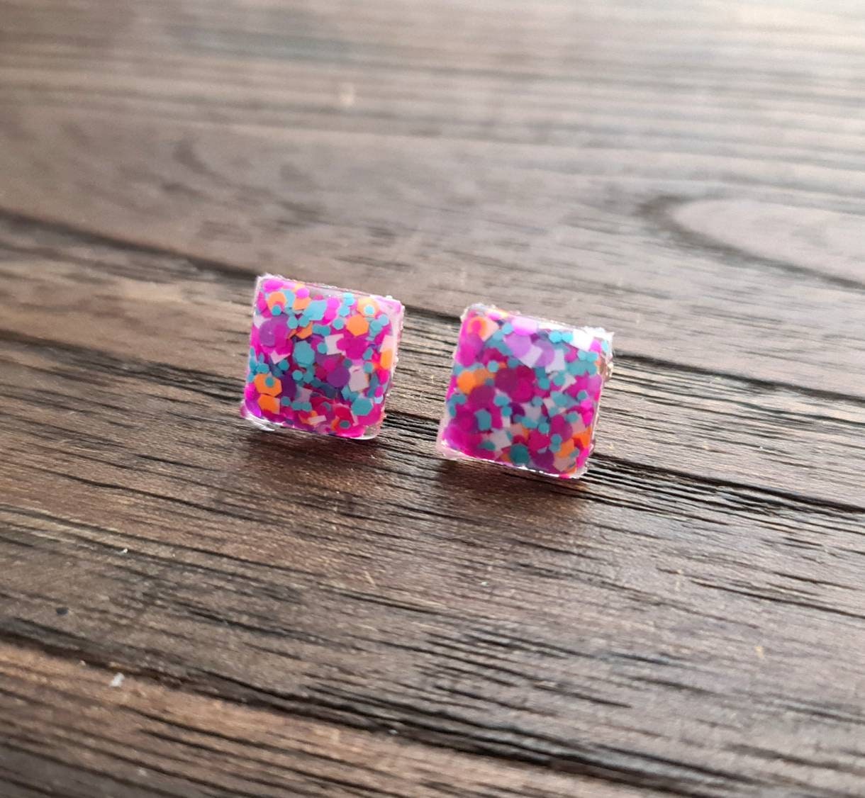Square Stud Earrings, Neon Pink Blue Orange Teal White Glitter Resin Earrings. Stainless Steel Stud Earrings. 12mm