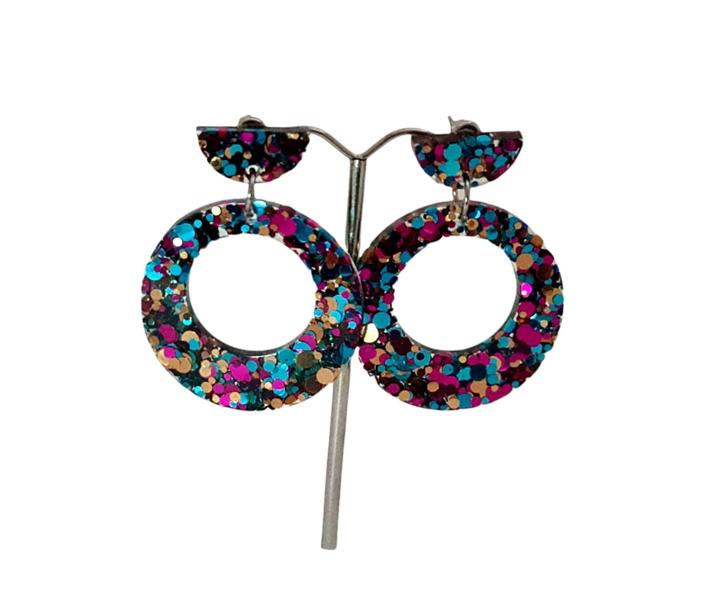 Hoop Glitter Dangle Earrings, Hot Pink, Teal. Rosegold Hoop Resin Circle Earrings, Stainless Steel Earrings, Statement Earrings